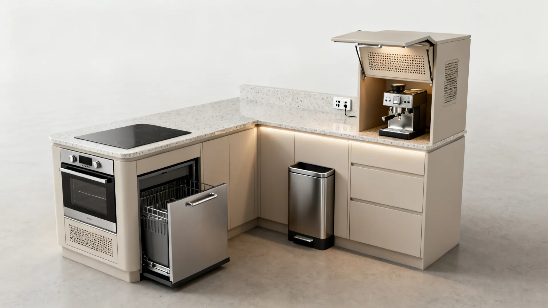 Chef-focused L-shaped island with an appliance garage in the inner corner and clear prep zones.