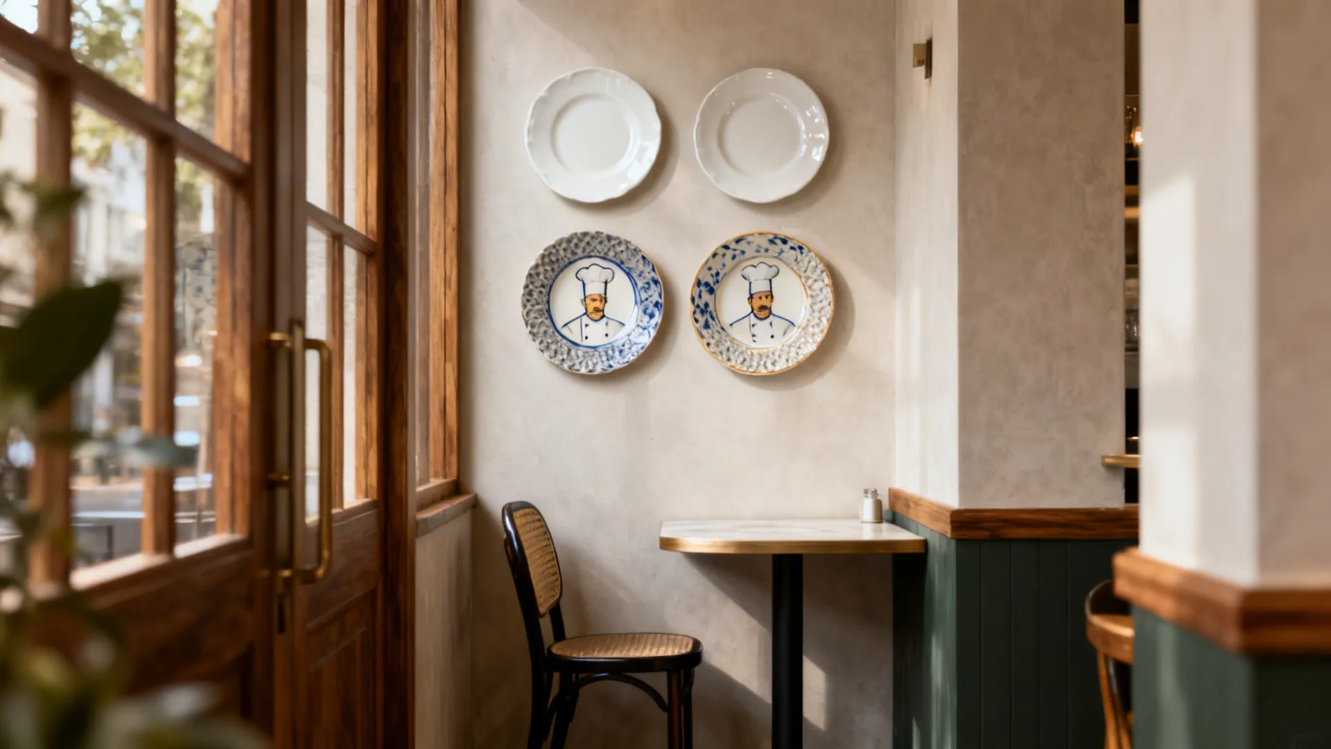 Asymmetrical plate wall mixing white ceramics, two chef cameo plates, and textured chargers in a small nook.