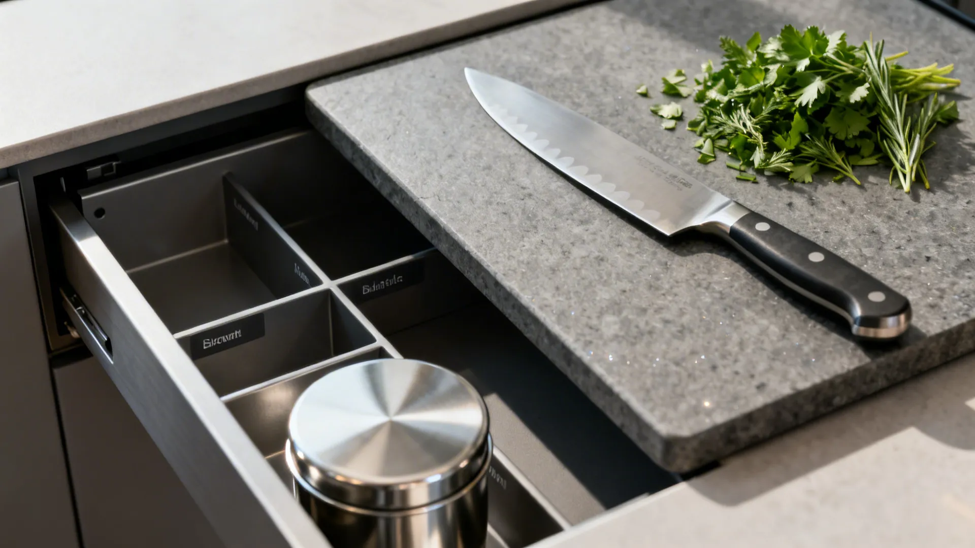 Macro of a kitchen prep area with knife, herbs, stone board, and organized storage.