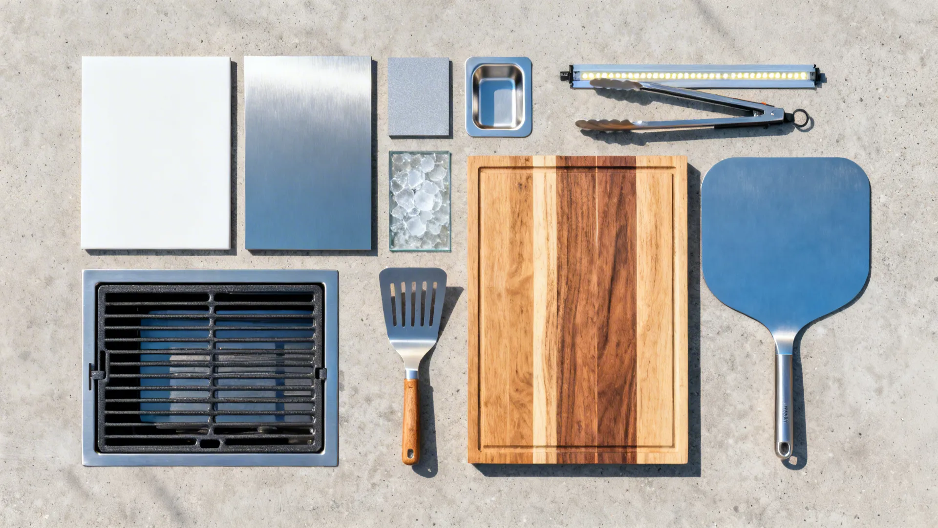 Top view of kitchen tools including wood cutting board metal spatula and small grill station