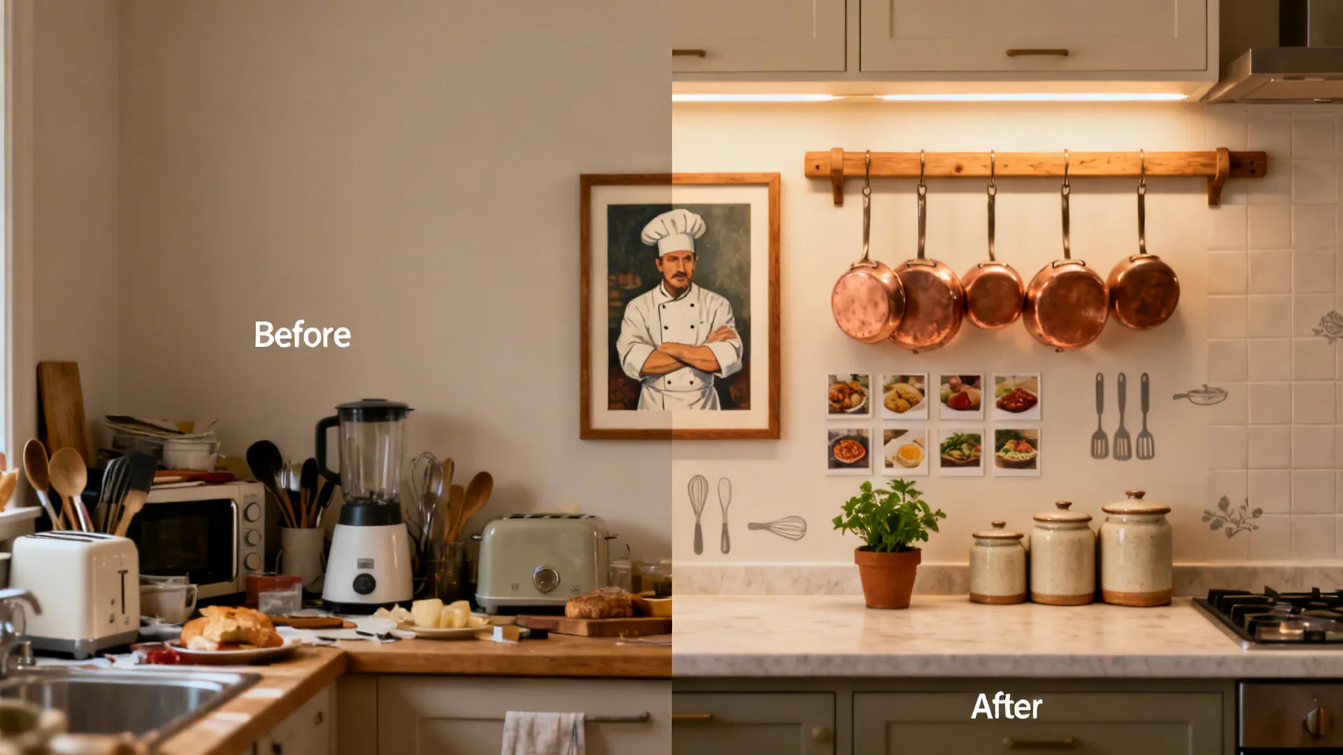 Before-and-after of a small kitchen wall going from blank and cluttered to a tidy chef-themed display.