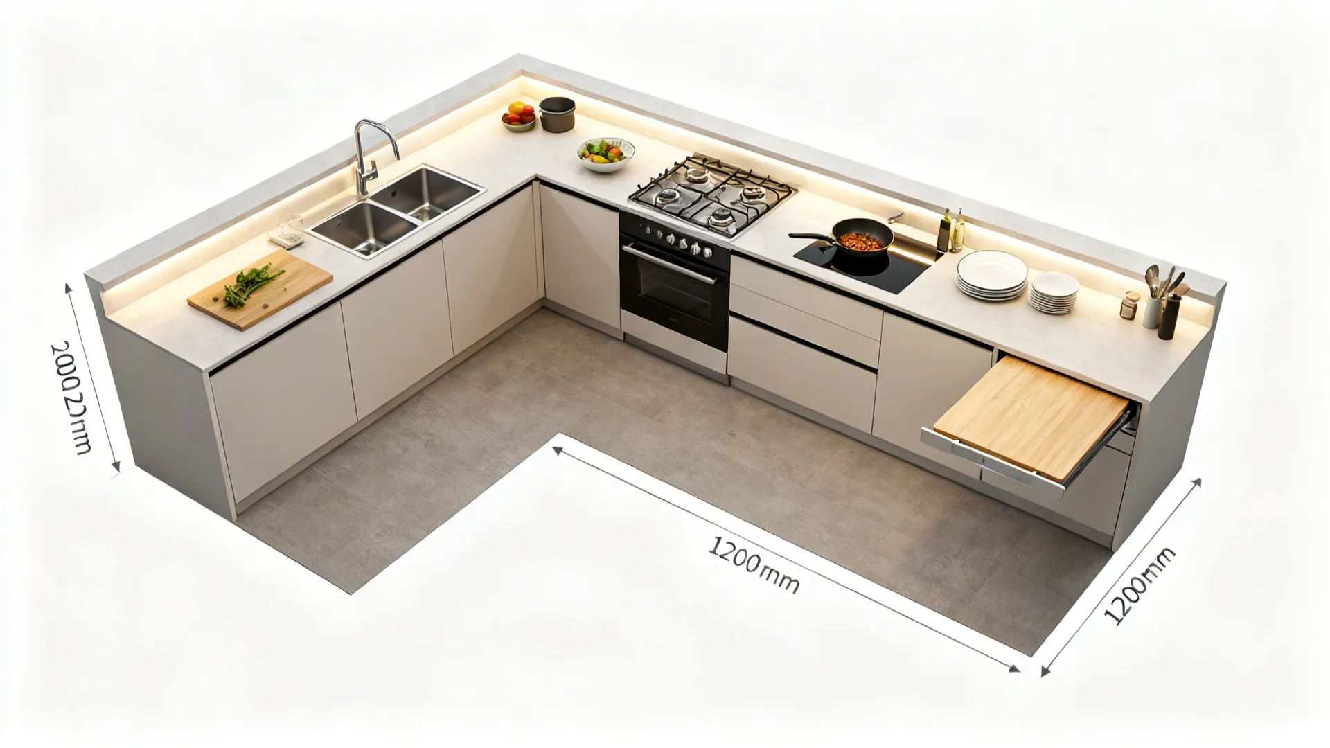 Top-down layout showing prep, cook, plate, and clean zones with clear aisle space.