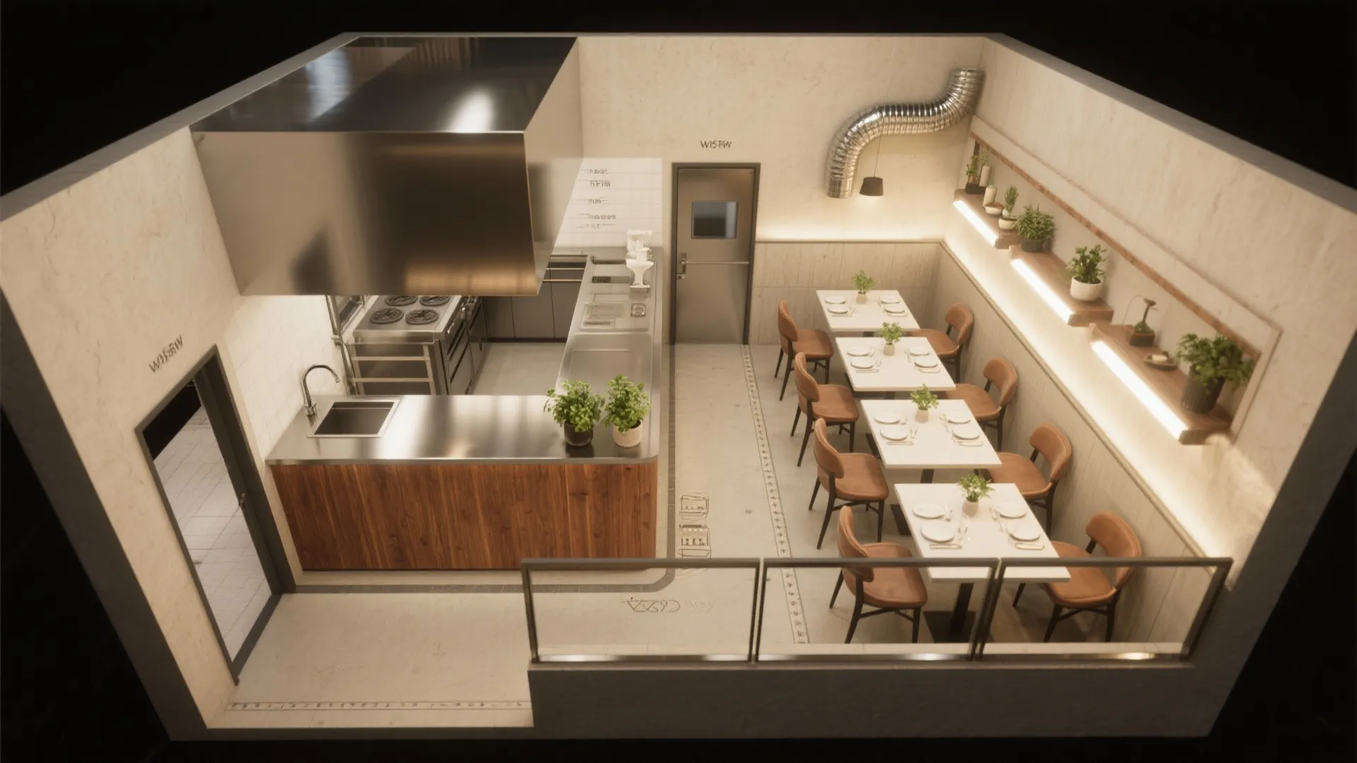 Top-down layout showing a narrow chef’s counter with a pass-through hatch and circulation in a small dining room.