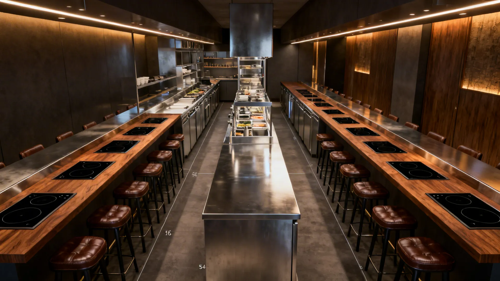 Narrow dining room with chef’s counter facing a straight galley line, induction near guests and clear workflow.