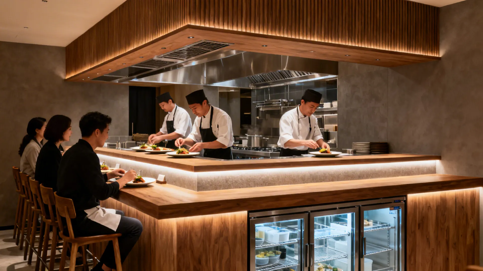 Chef’s counter with about 900 mm depth facing an open kitchen, warm lighting, and engaged guests.