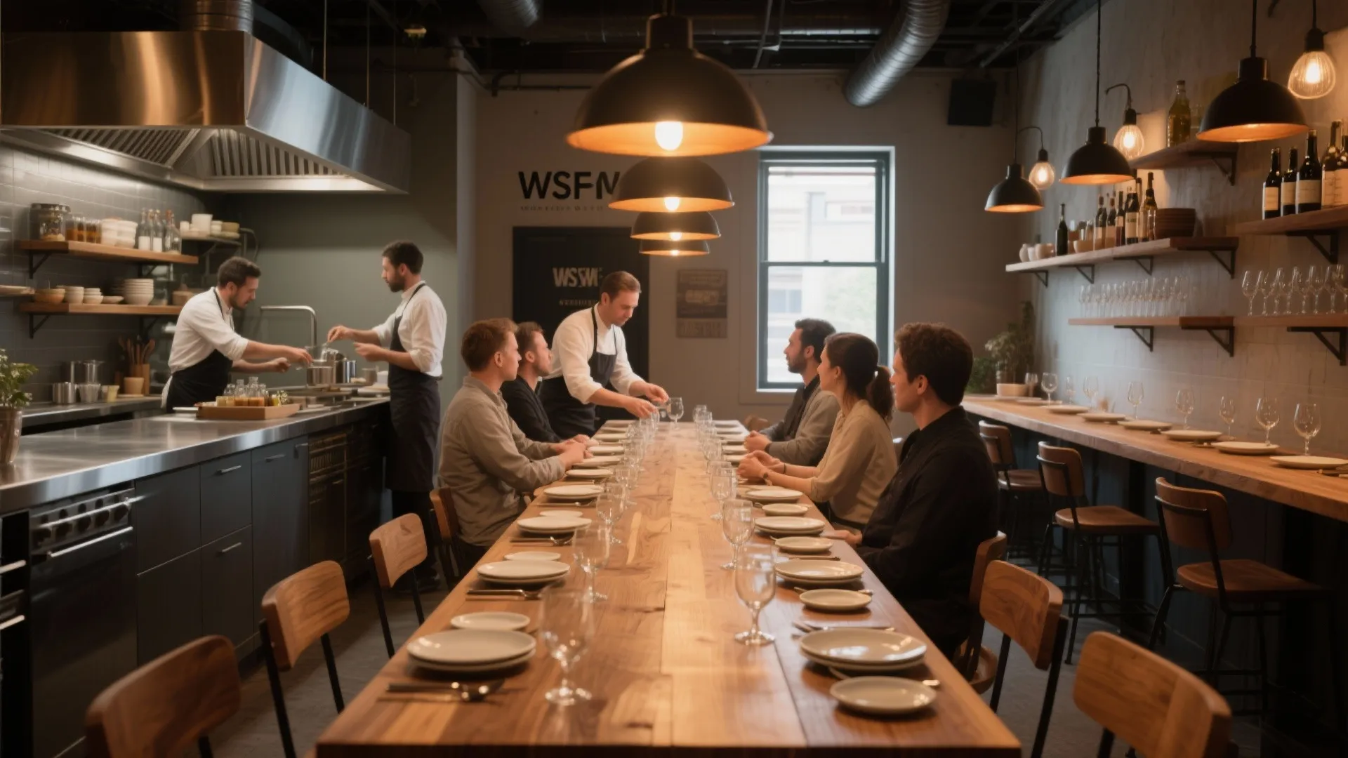 Chef's table tasting room with a long communal table, open prep counter, and warm pendant lighting for intimate dining.