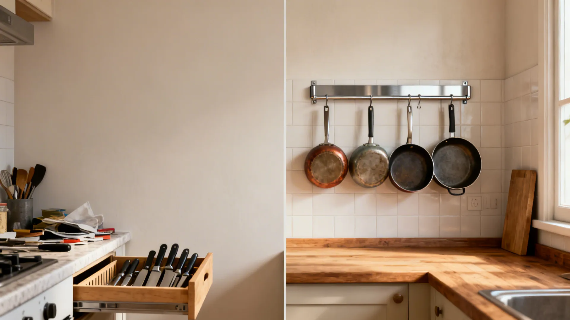 Before-and-after of a small kitchen wall transforming into a chef’s station with knife strip and pot rack.