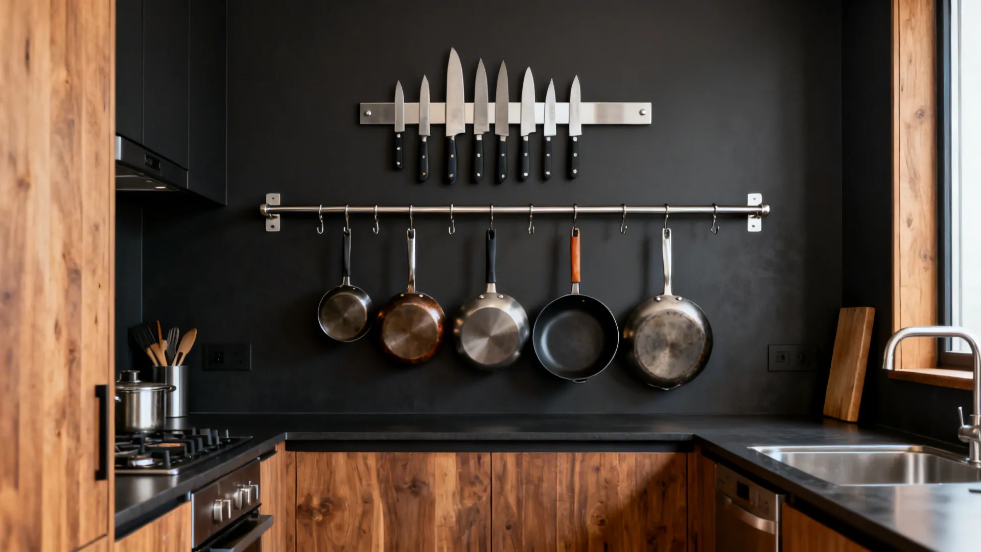 Chef’s wall with a steel magnetic knife strip and a pot rack bar in a compact U-shaped kitchen.