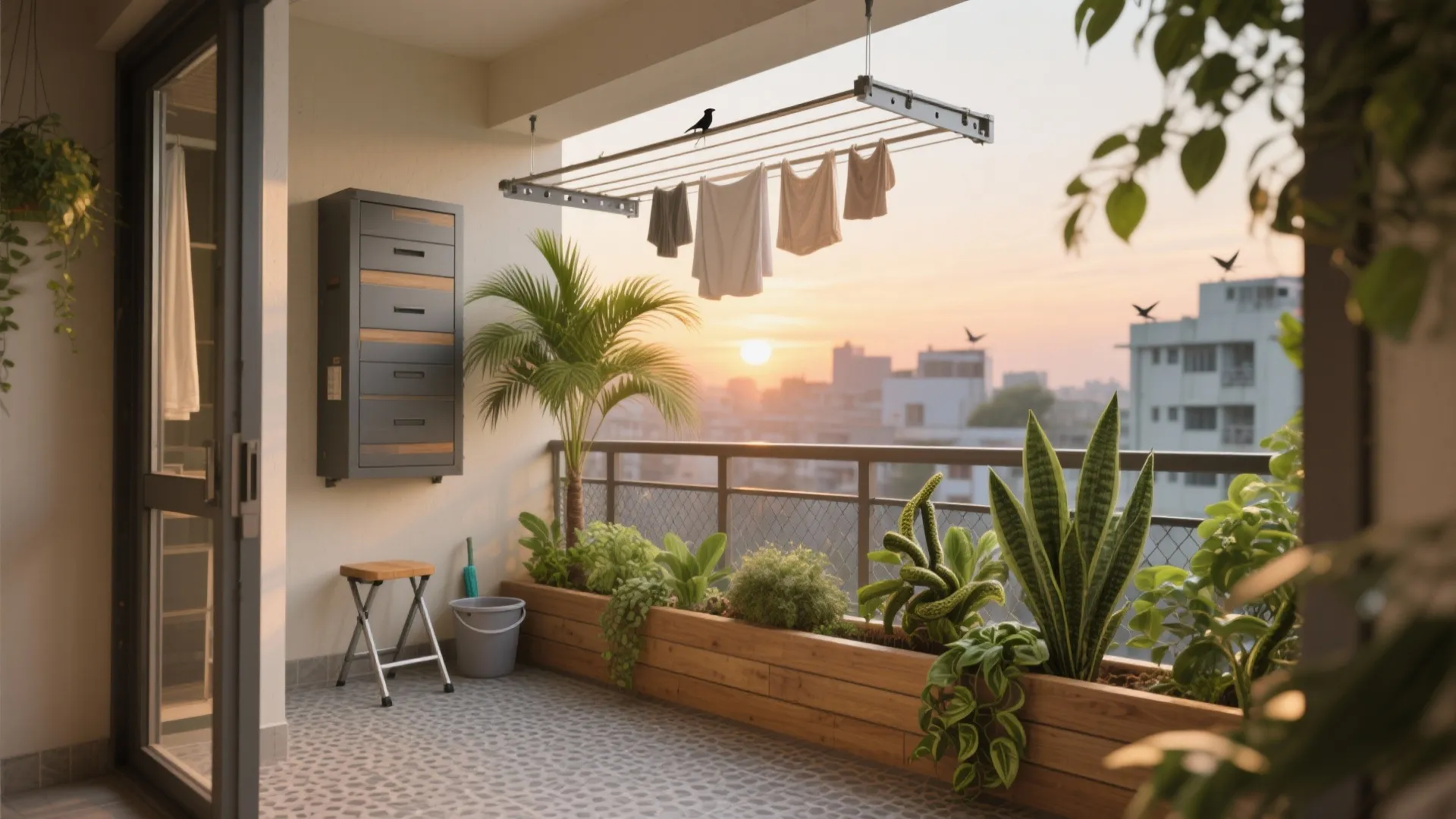 Balcony-utility that works hard: drying, storage, and a green corner