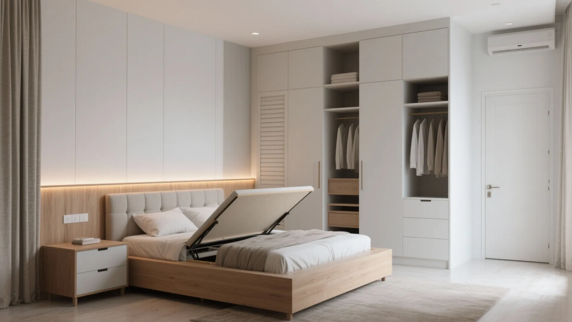 Bedroom storage that disappears: platform beds and full-height wardrobes