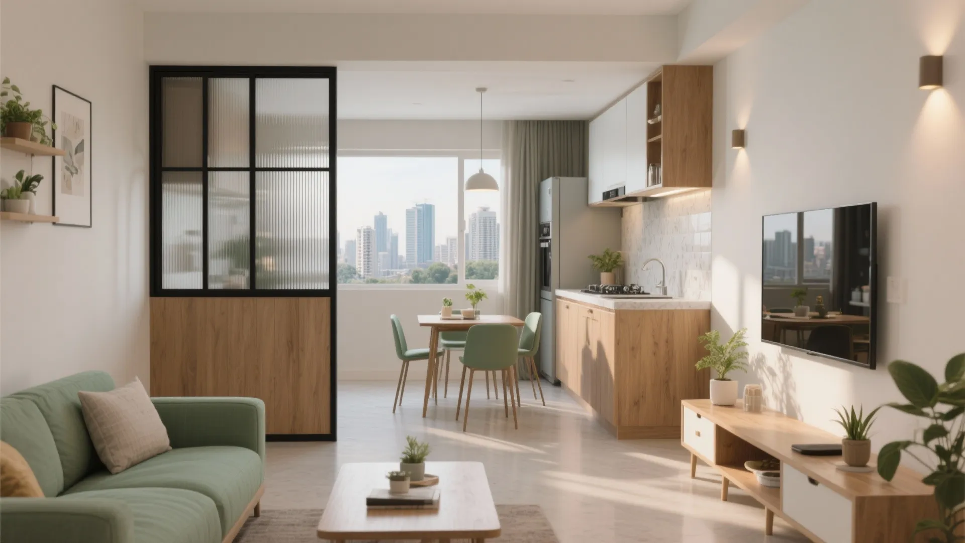Modern open living room with green sofa wooden coffee table small kitchen and city view