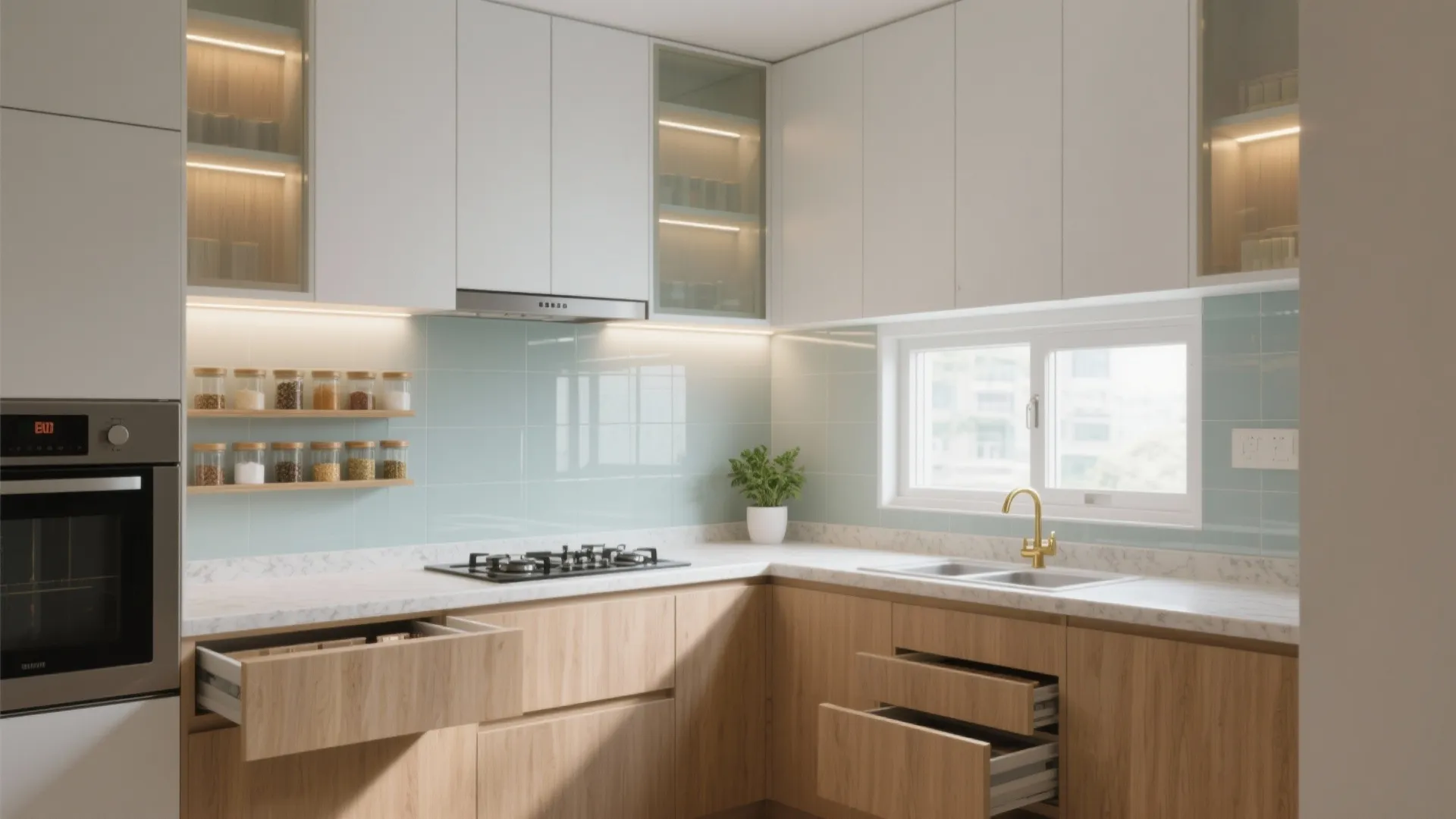 Modern L-shaped kitchen with white upper cabinets wood lower cabinets blue tile backsplash and gold faucet