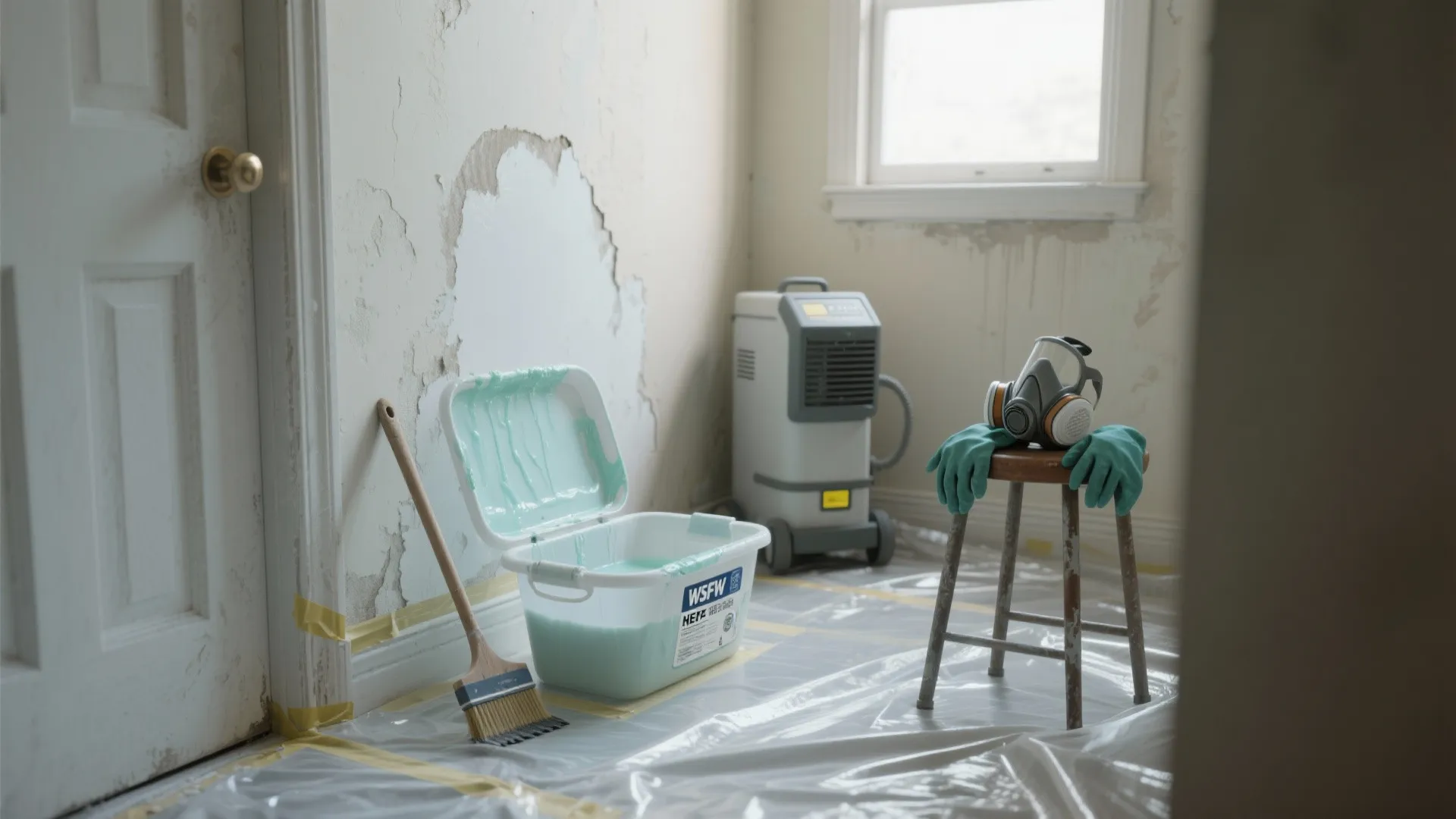 Room renovation scene with paint bucket brush stool gas mask and white wall paneling repair