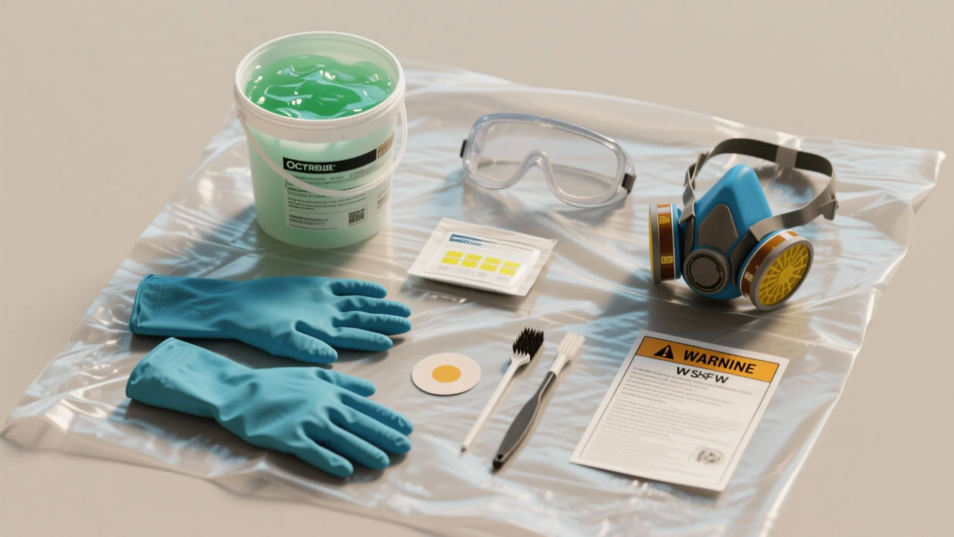 Flatlay of a gel stripper tub, gloves, respirator, brushes and test patch supplies on plastic sheeting.