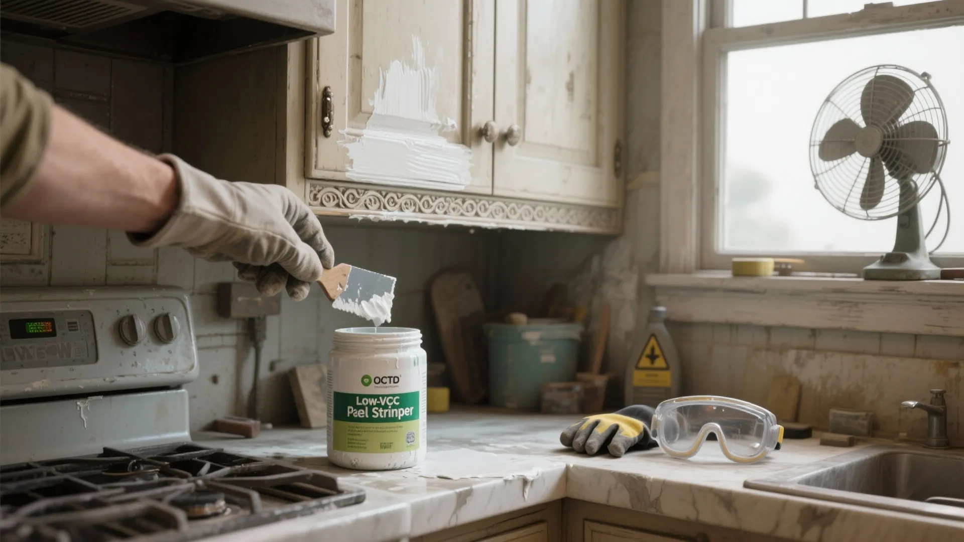 Applying white paint stripper to wooden kitchen cabinet with small scraper tool near stove and window