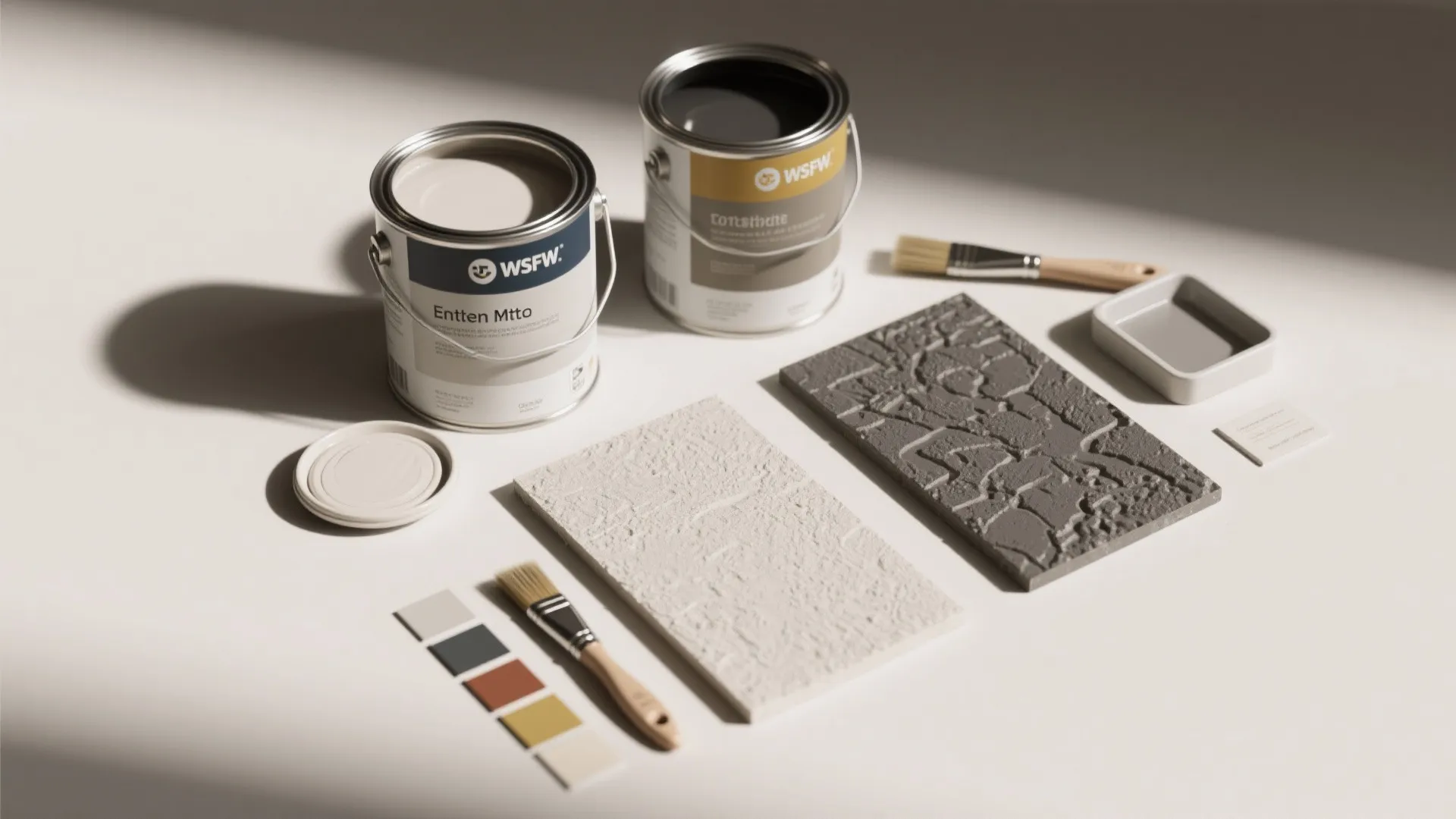 Two paint cans, paint brushes, color cards, and textured wall panel samples on white background
