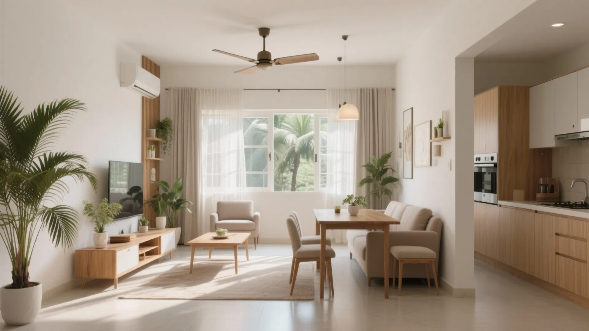 Modern open living room and dining area with wood furniture green plants and ceiling fan