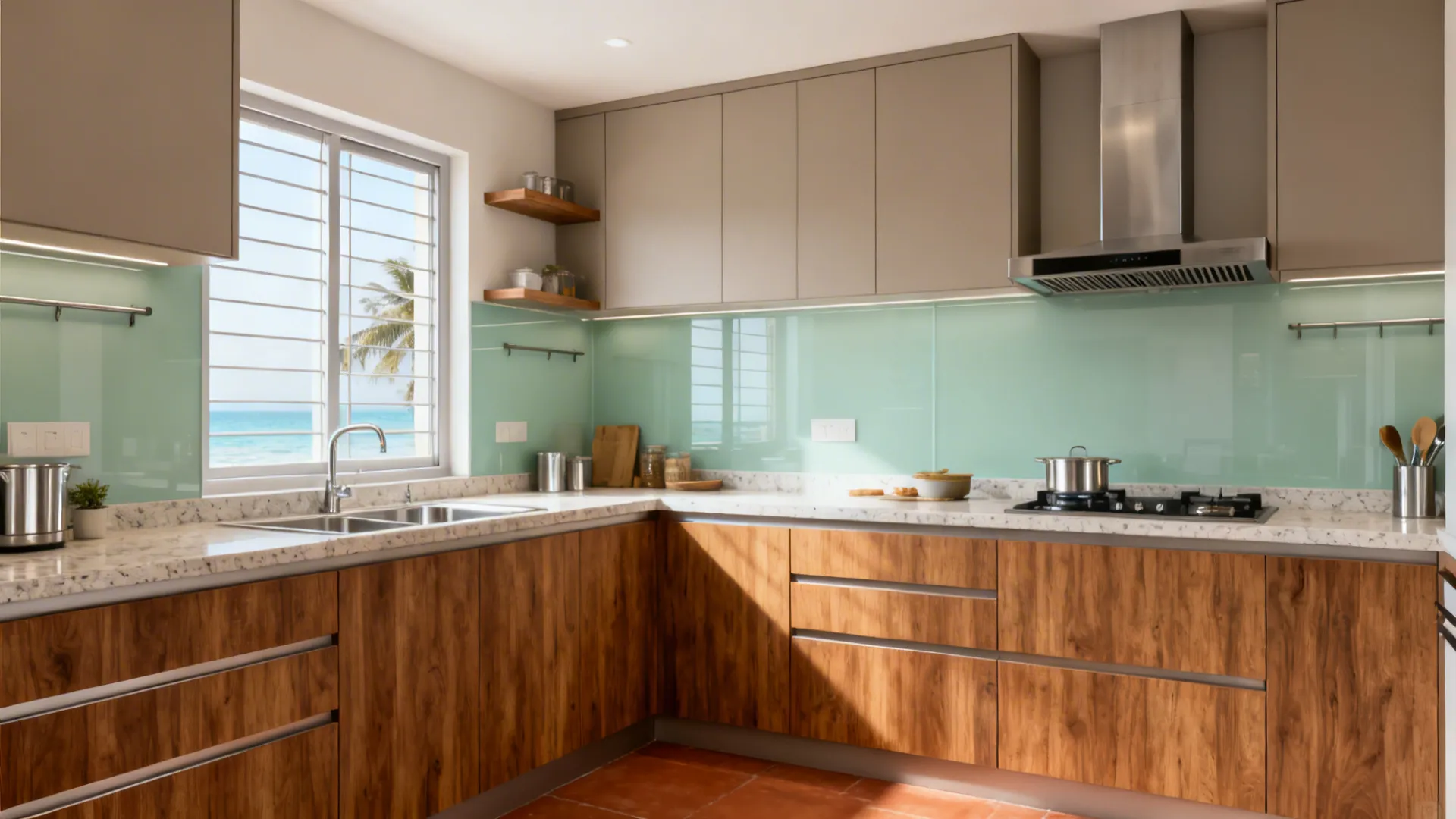 Modern kitchen with wood cabinets green backsplash range hood and windows showing a tropical beach