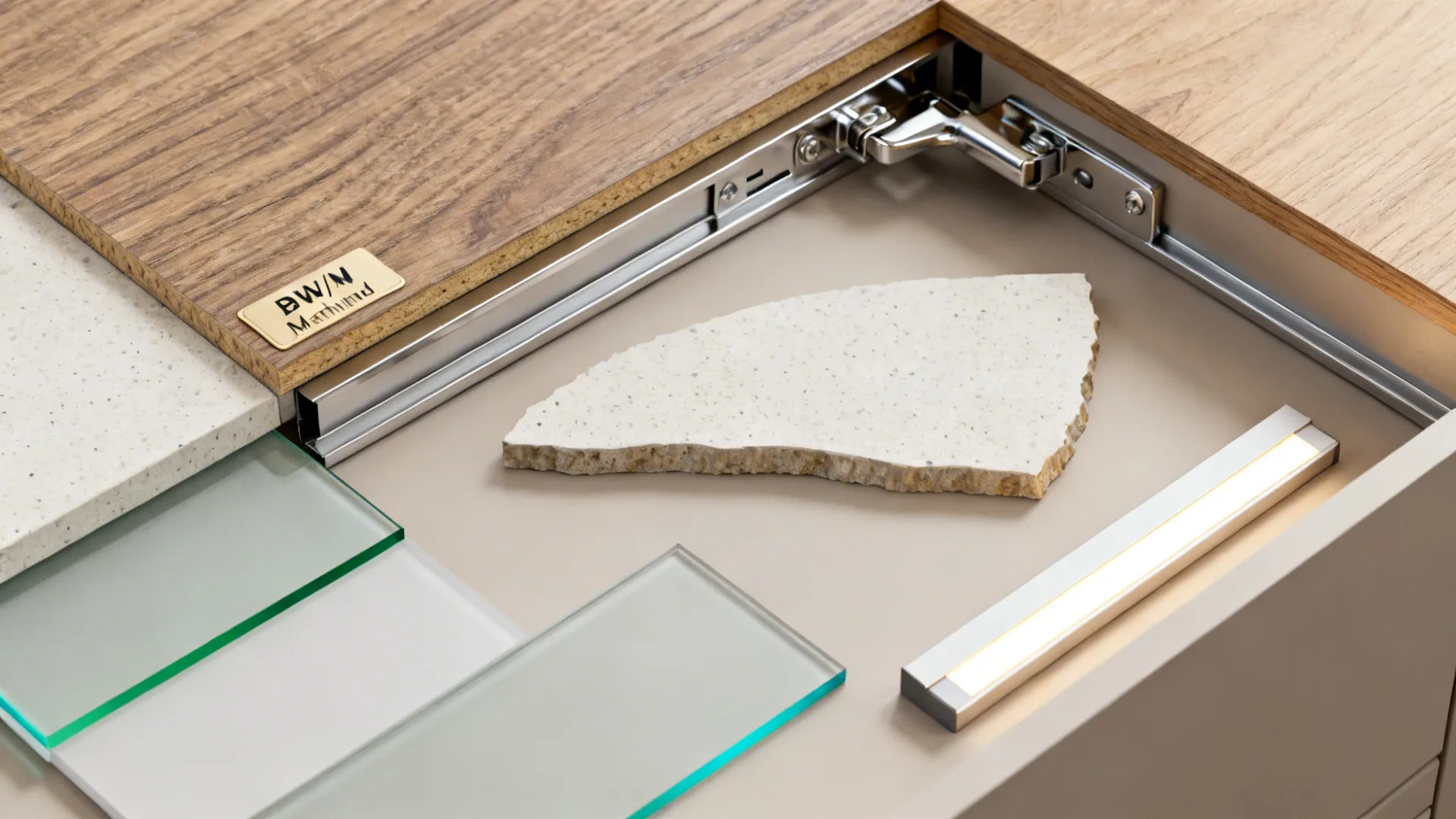 Flat lay of wood laminate, BWP plywood, quartz, back-painted glass, and hardware for a Chennai kitchen.