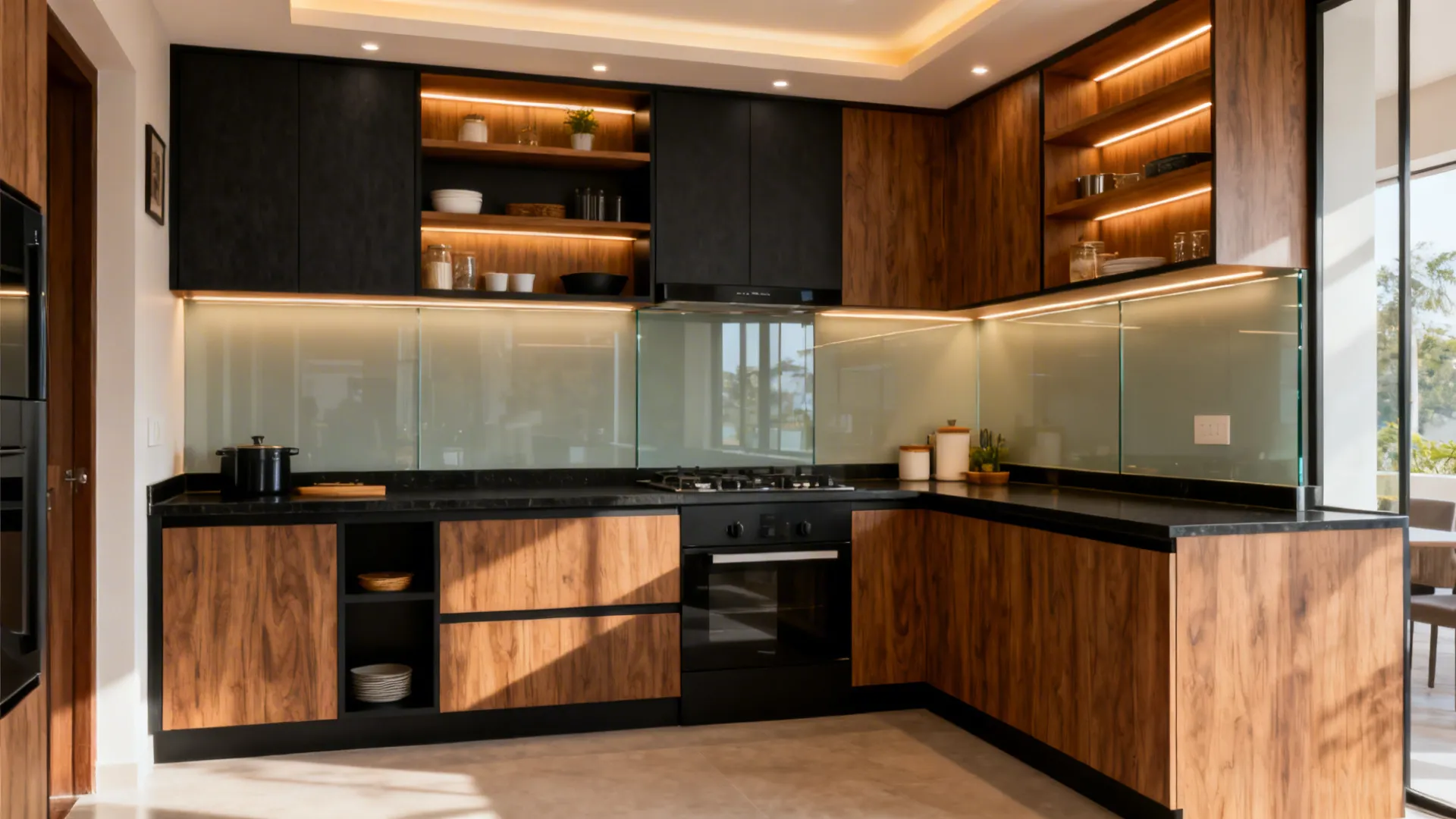 Integrated L-shaped modular kitchen showing breathable storage, glass backsplash, warm wood, and layered lighting.