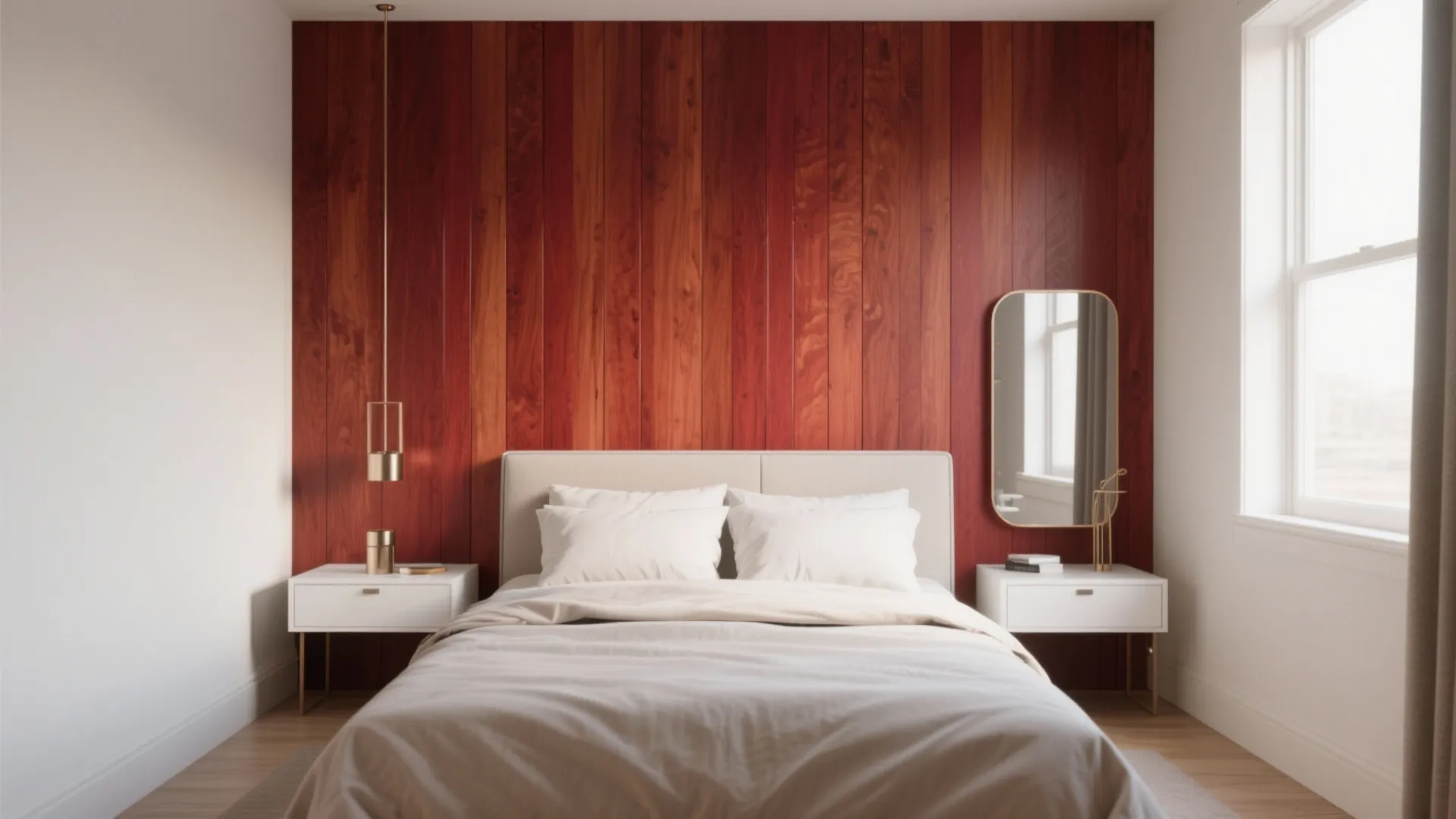 Modern bedroom with red wood wall panel behind white bed and two small white cabinets
