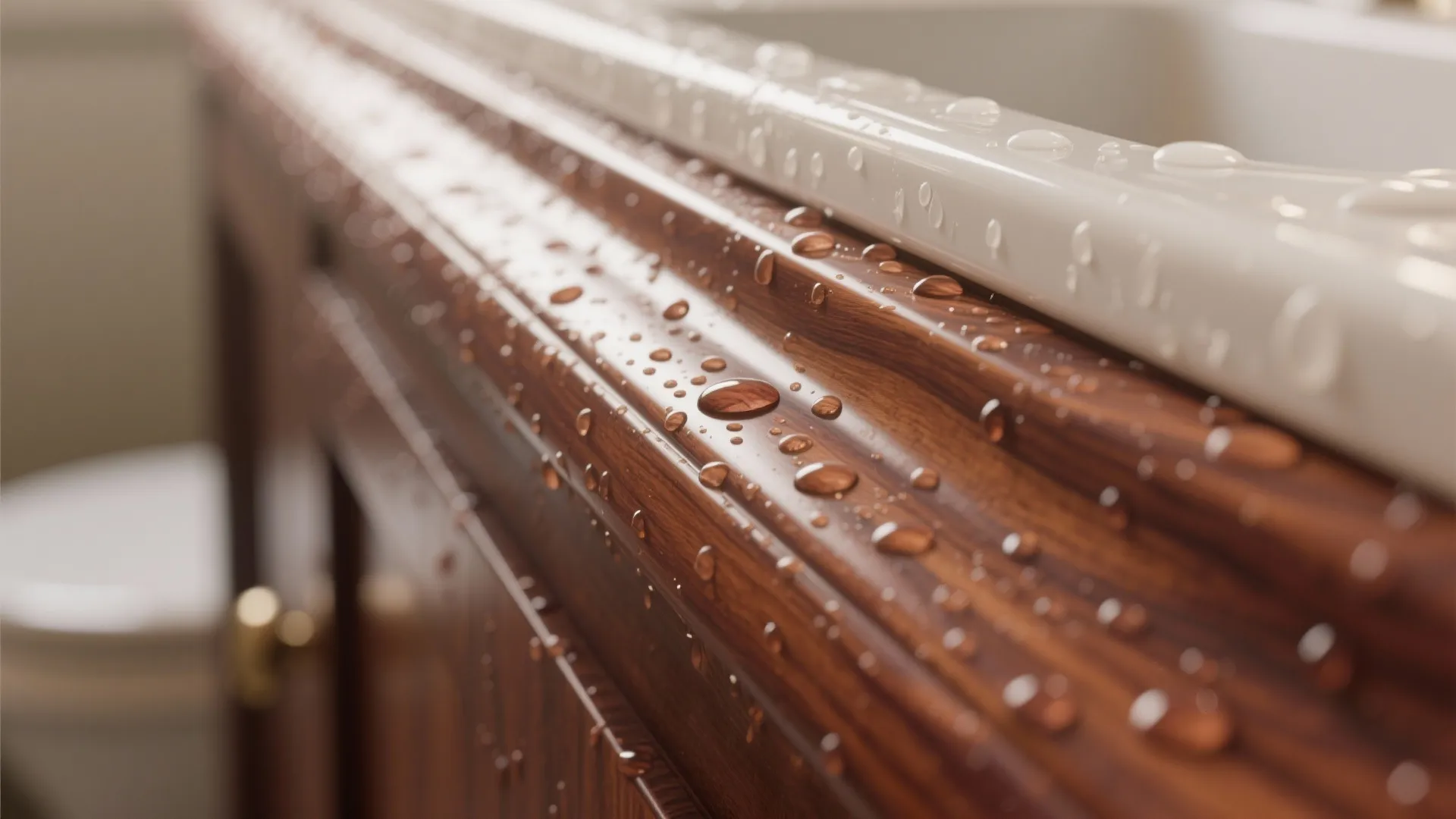 Close up of water drops on a dark wood bathroom cabinet surface with white sink