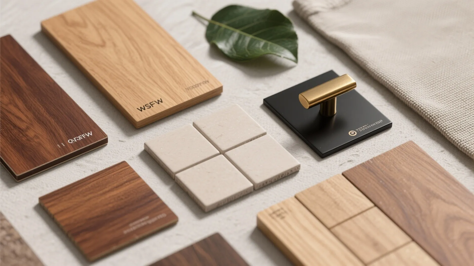 Top-down flatlay of cherry wood swatches, neutral tiles, hardware samples and a leaf representing the article's palette.