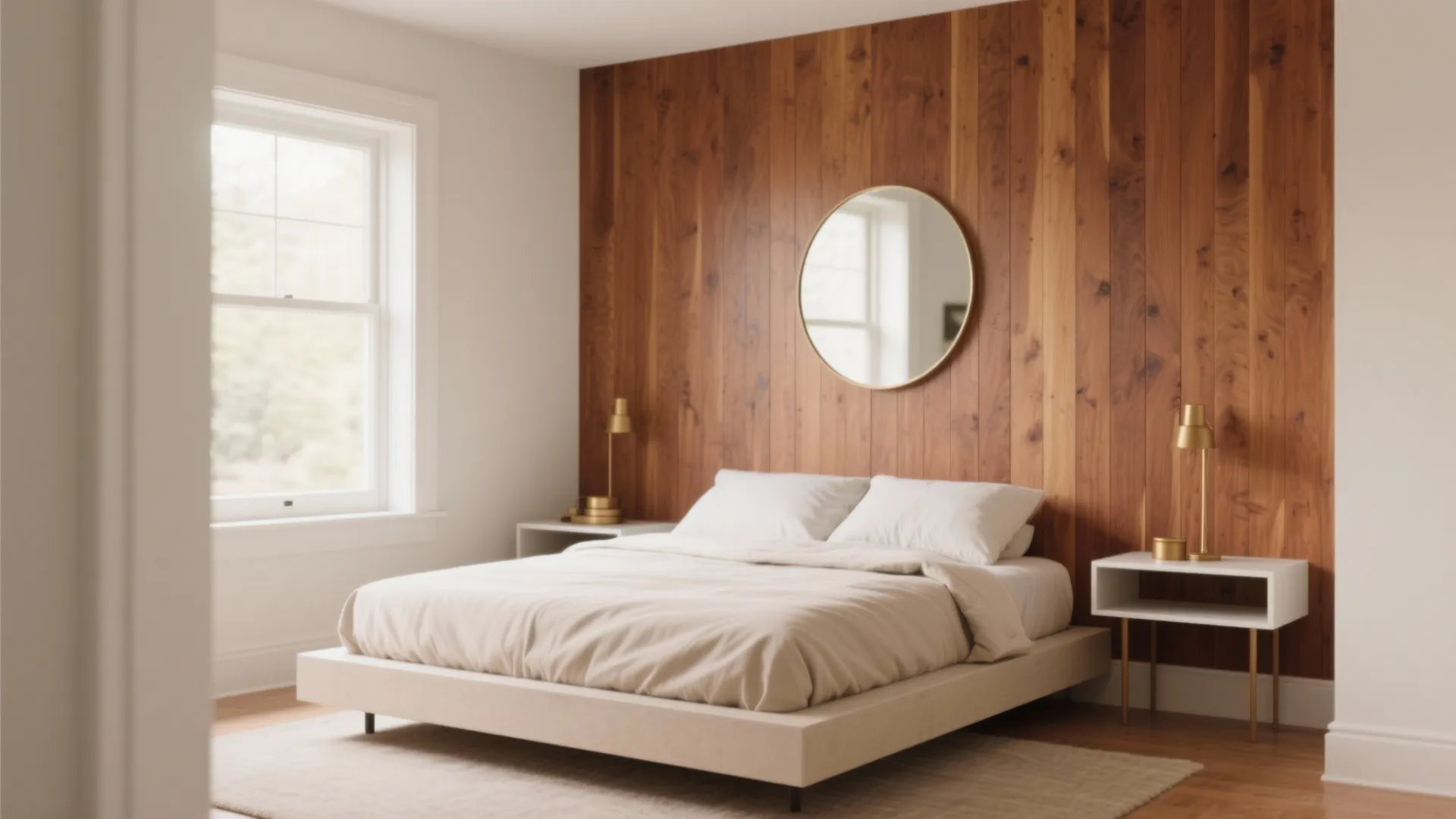 Bright bedroom featuring a wood wall panel round mirror white bed and large side window