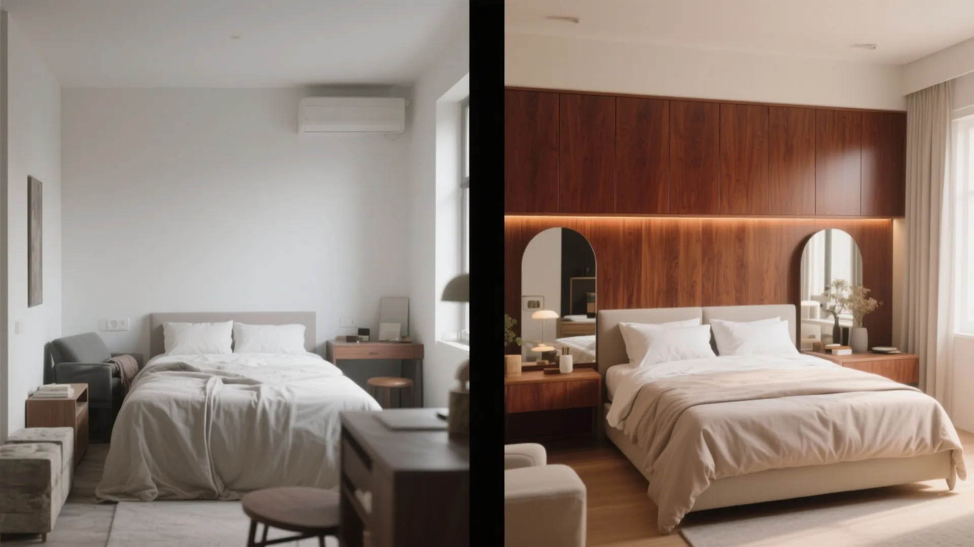 Before and after comparison showing a simple white bedroom transformed with rich wood wall panels