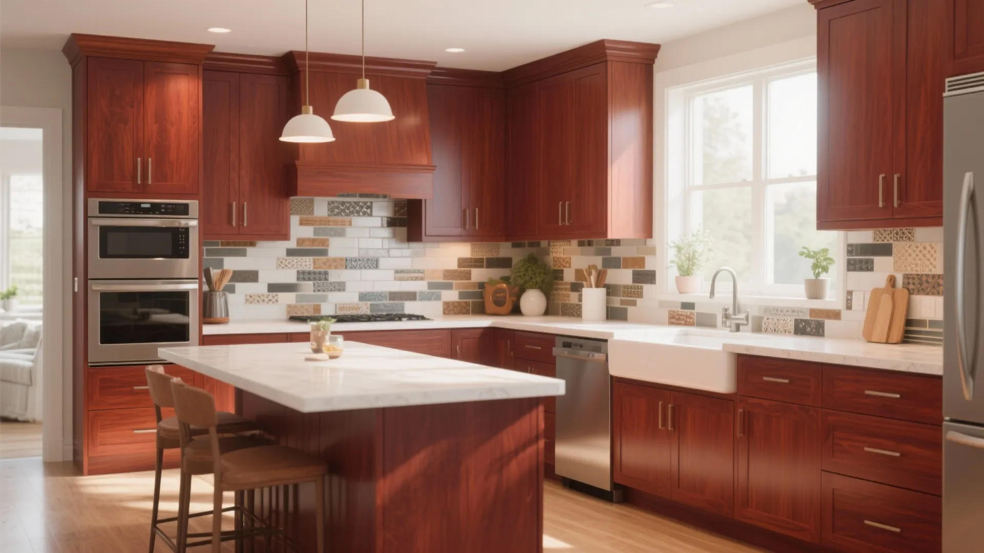 Warm wood kitchen interior with marble island white ceiling lights colorful wall tiles and window