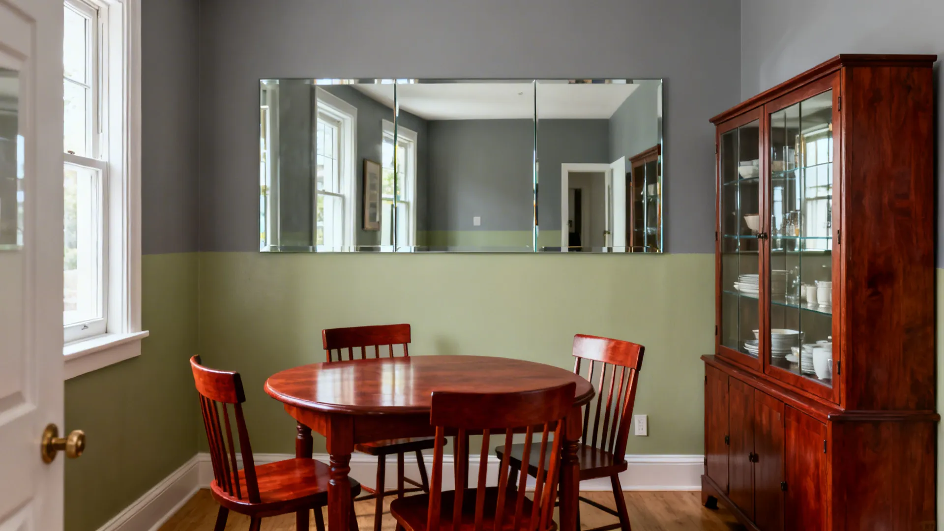 Cherry dining set with a low-iron glass backdrop that reflects light and adds depth.