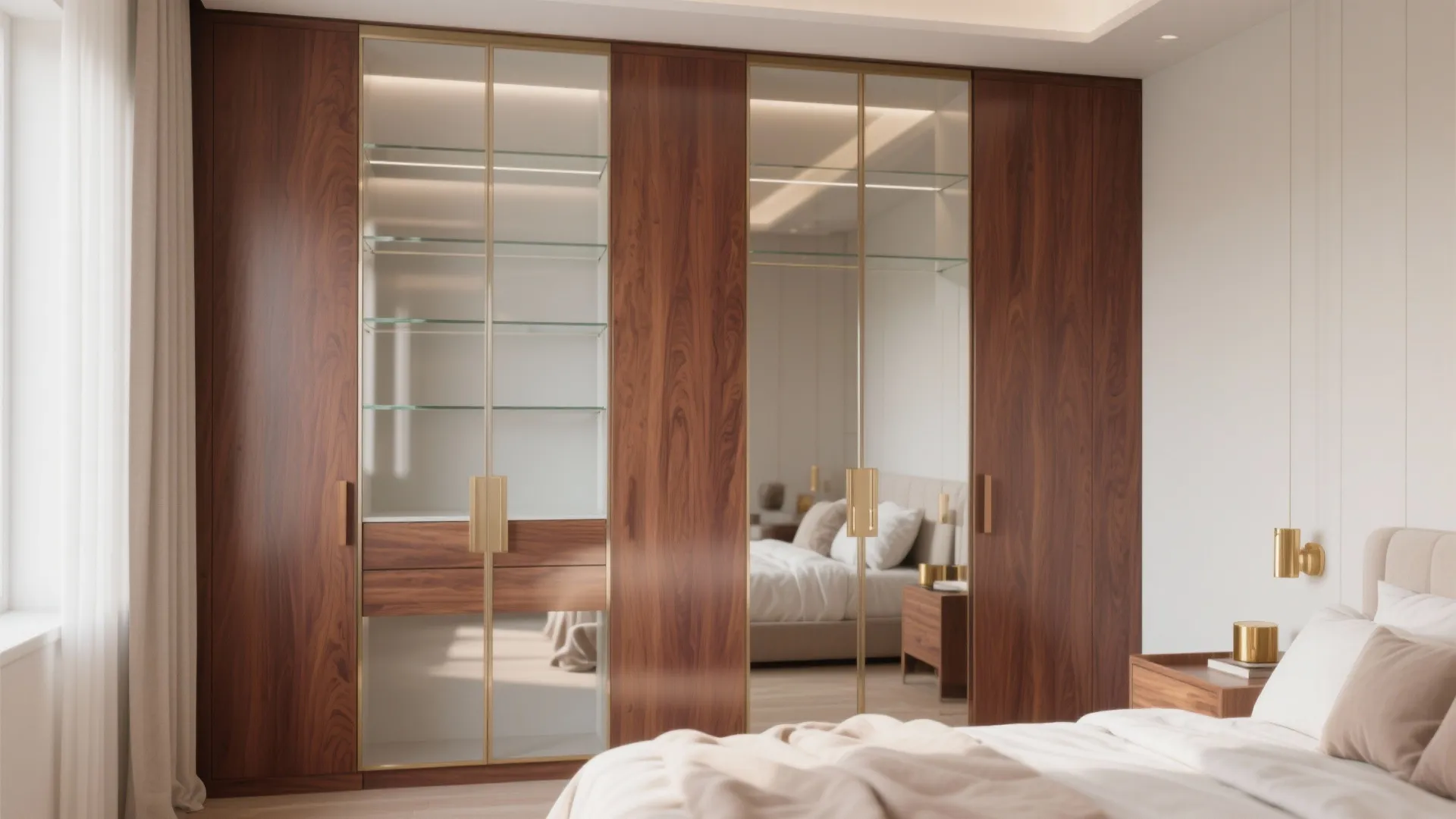 Modern bedroom featuring a dark wood cabinet with glass doors and mirrored panels beside white bed