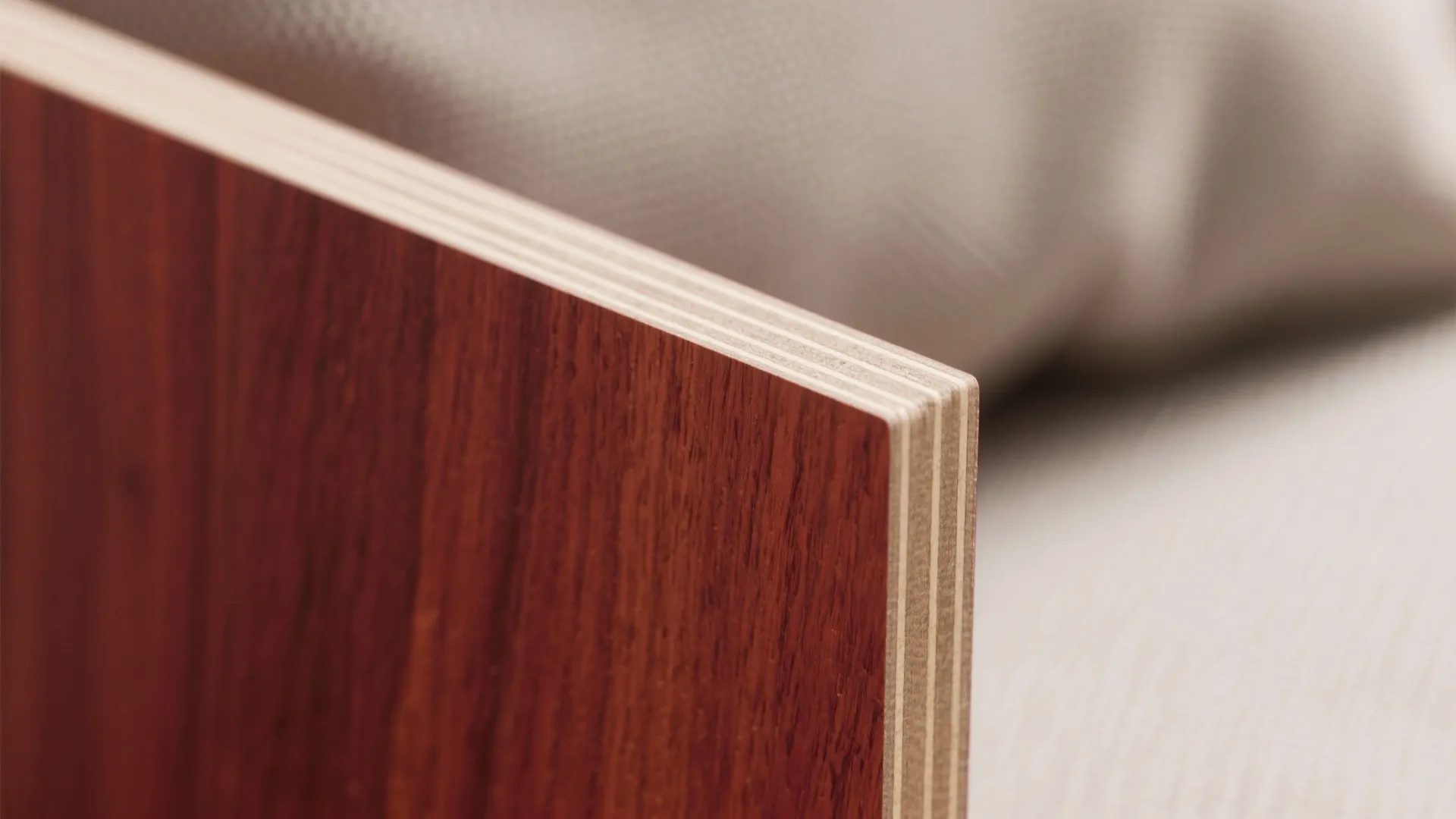 Close up view of a wood board edge showing layered texture and natural brown grain