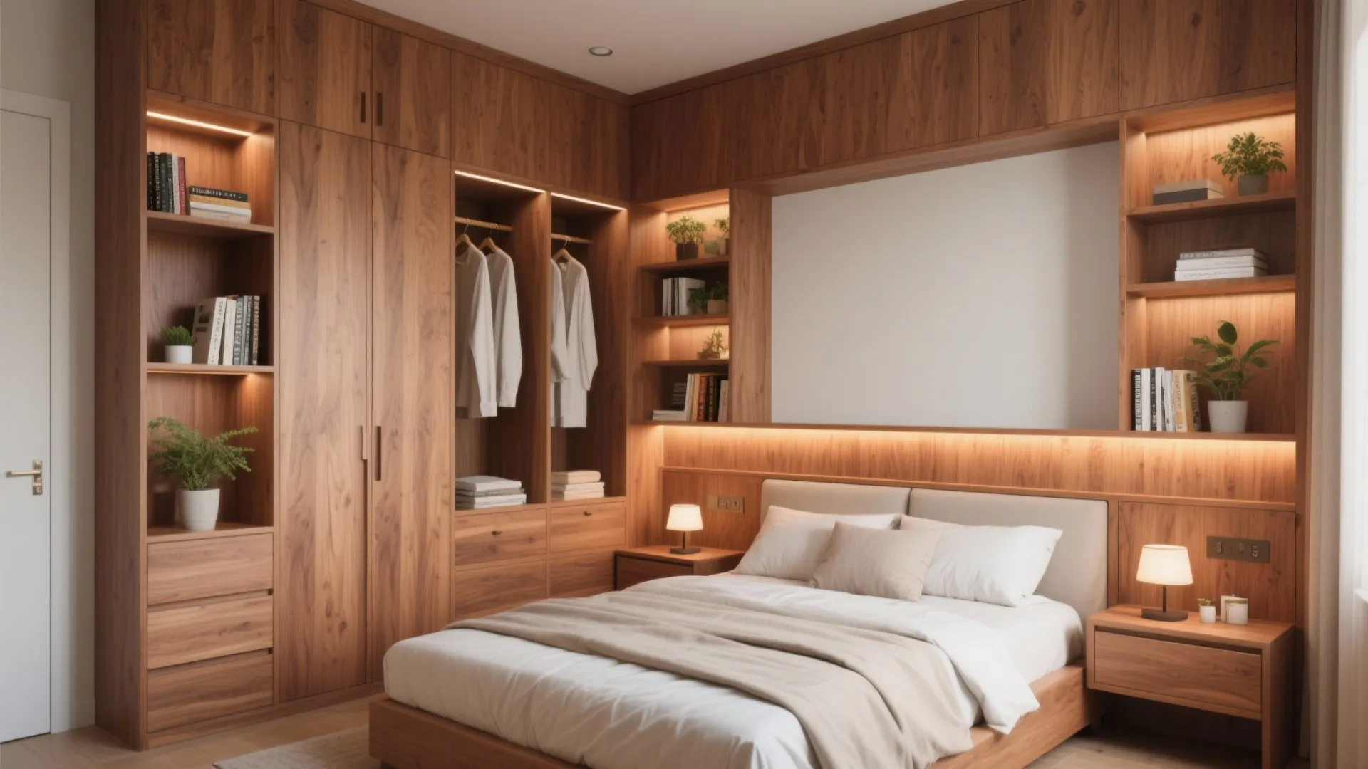 Large wooden cabinet wall in bedroom with open shelves light fixtures and white bedding furniture set