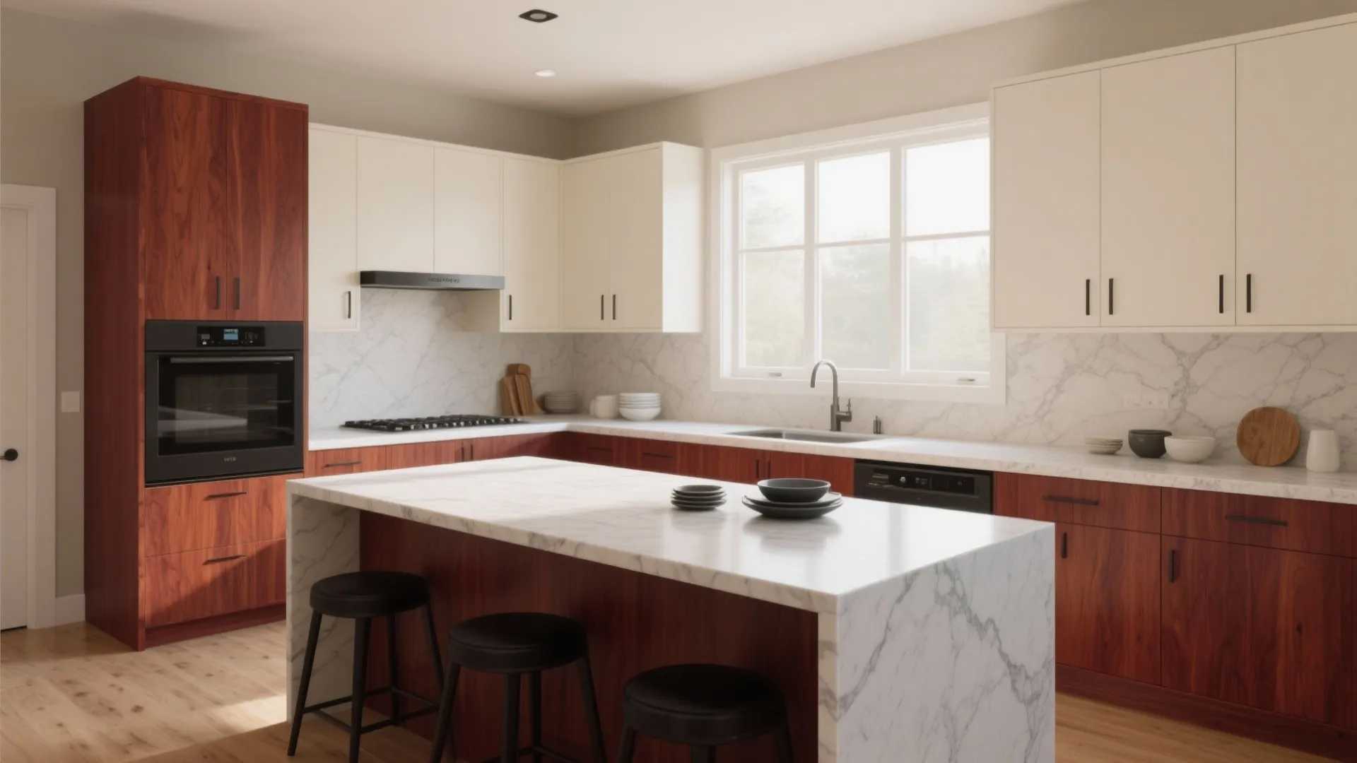 Spacious kitchen featuring cherry wood cabinets white wall units marble counters and a large island