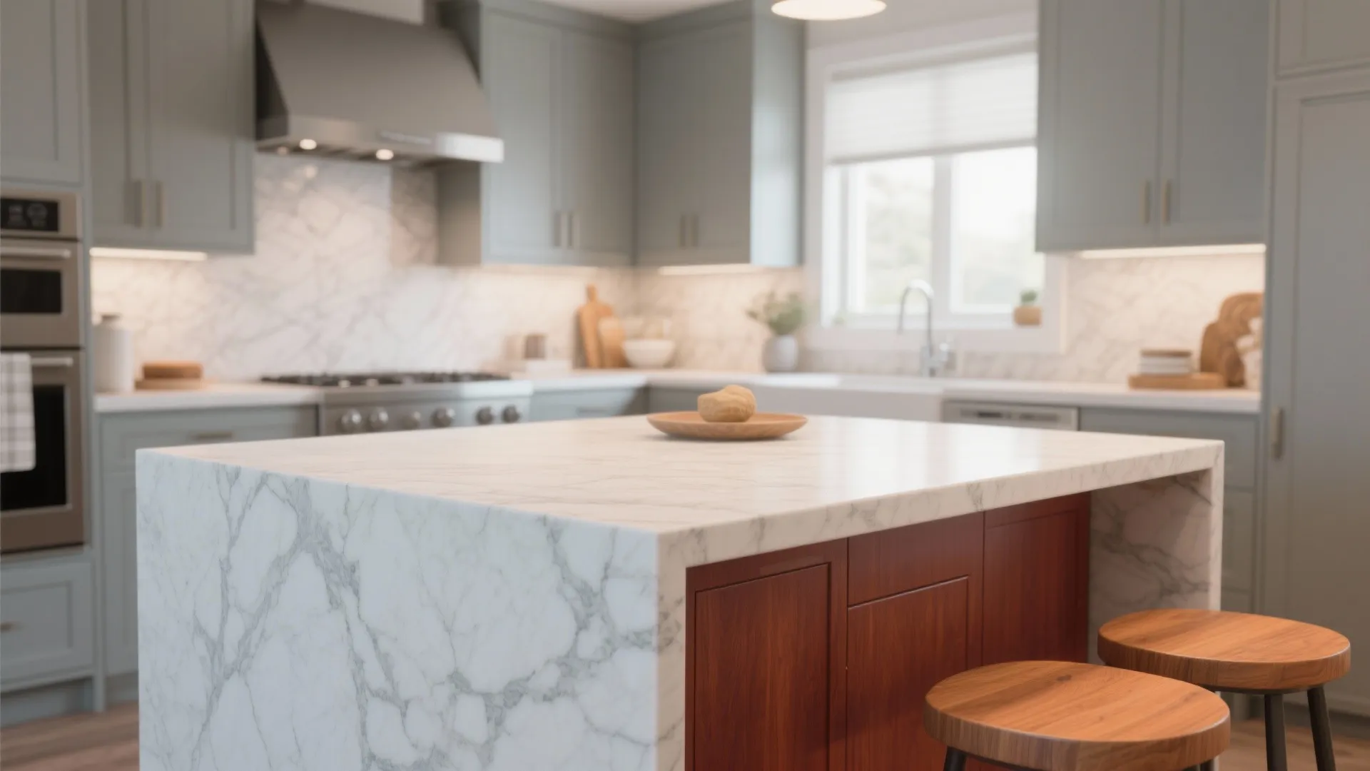 Modern kitchen with marble island counter wood stools grey cabinets and bright natural window light