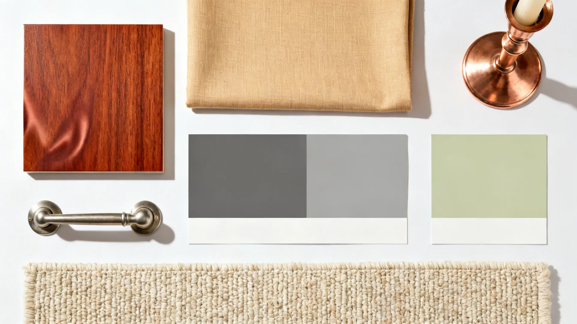 Flat lay with cherry wood, linen, fog gray paint, pale olive, copper, and oatmeal rug swatches.