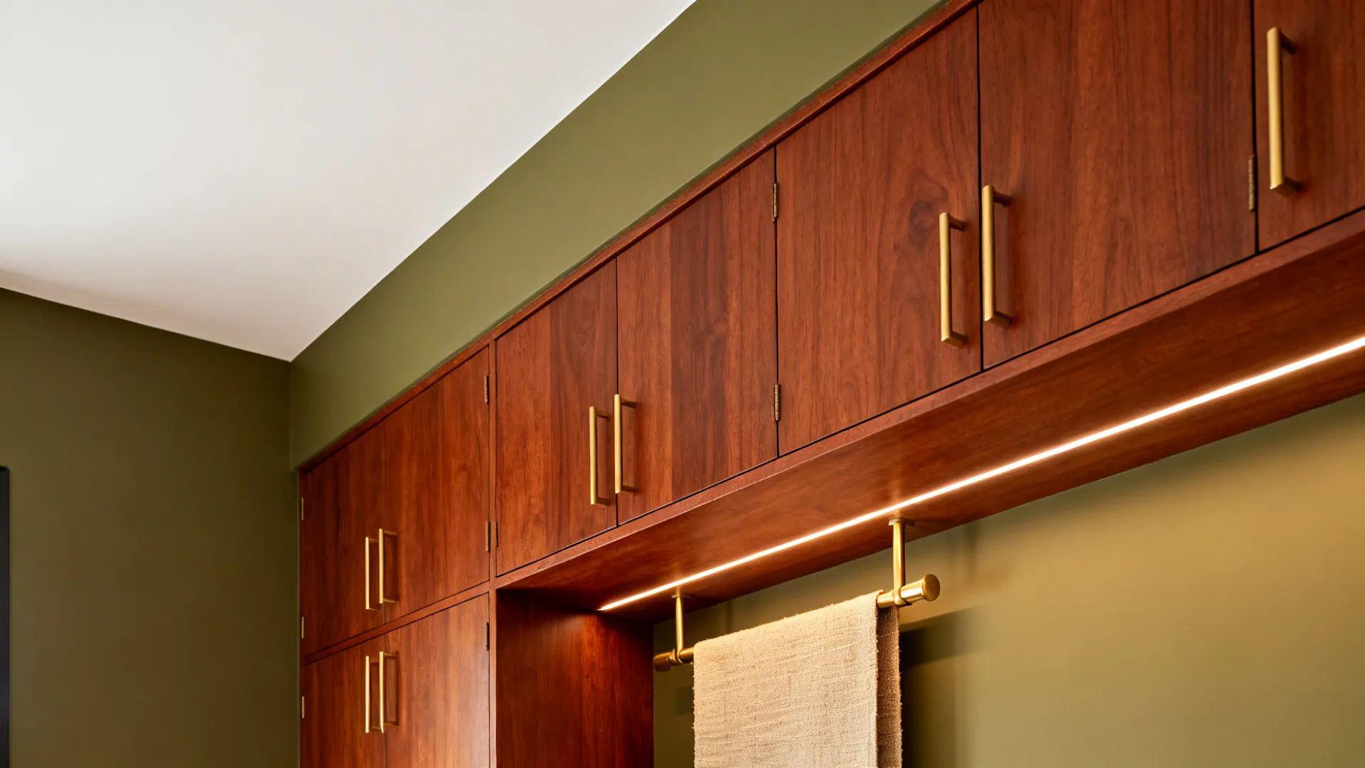 Cherry cabinetry with soft olive walls and slender brass hardware under soft daylight.