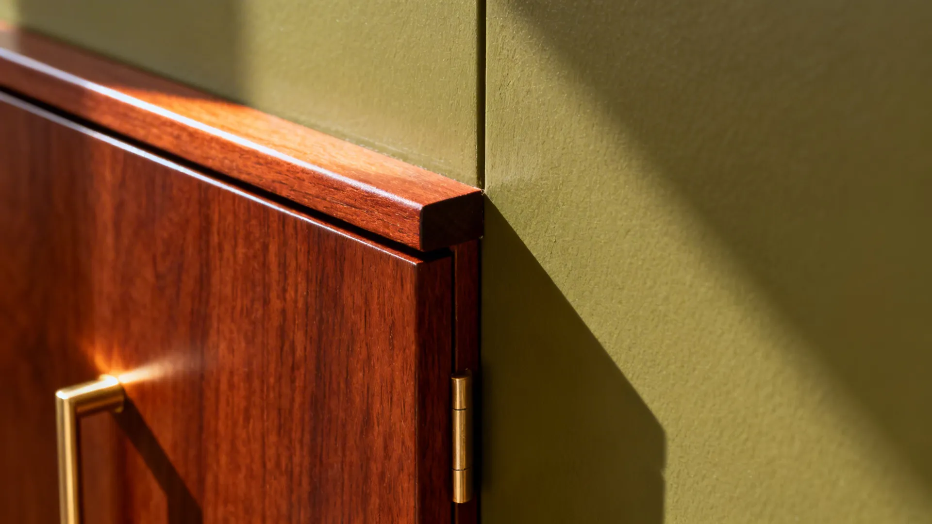 Close-up of cherry wood next to olive paint with a slim brass pull catching warm light.