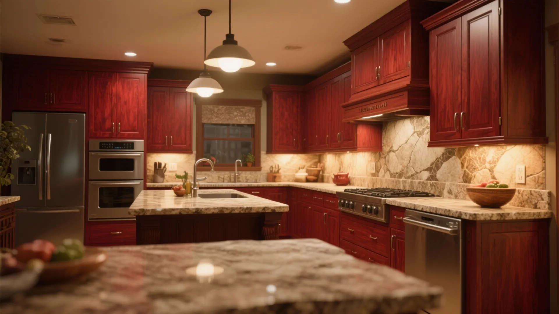 Traditional kitchen with cherry red wood cabinets marble countertops island sink and warm hanging ceiling lights