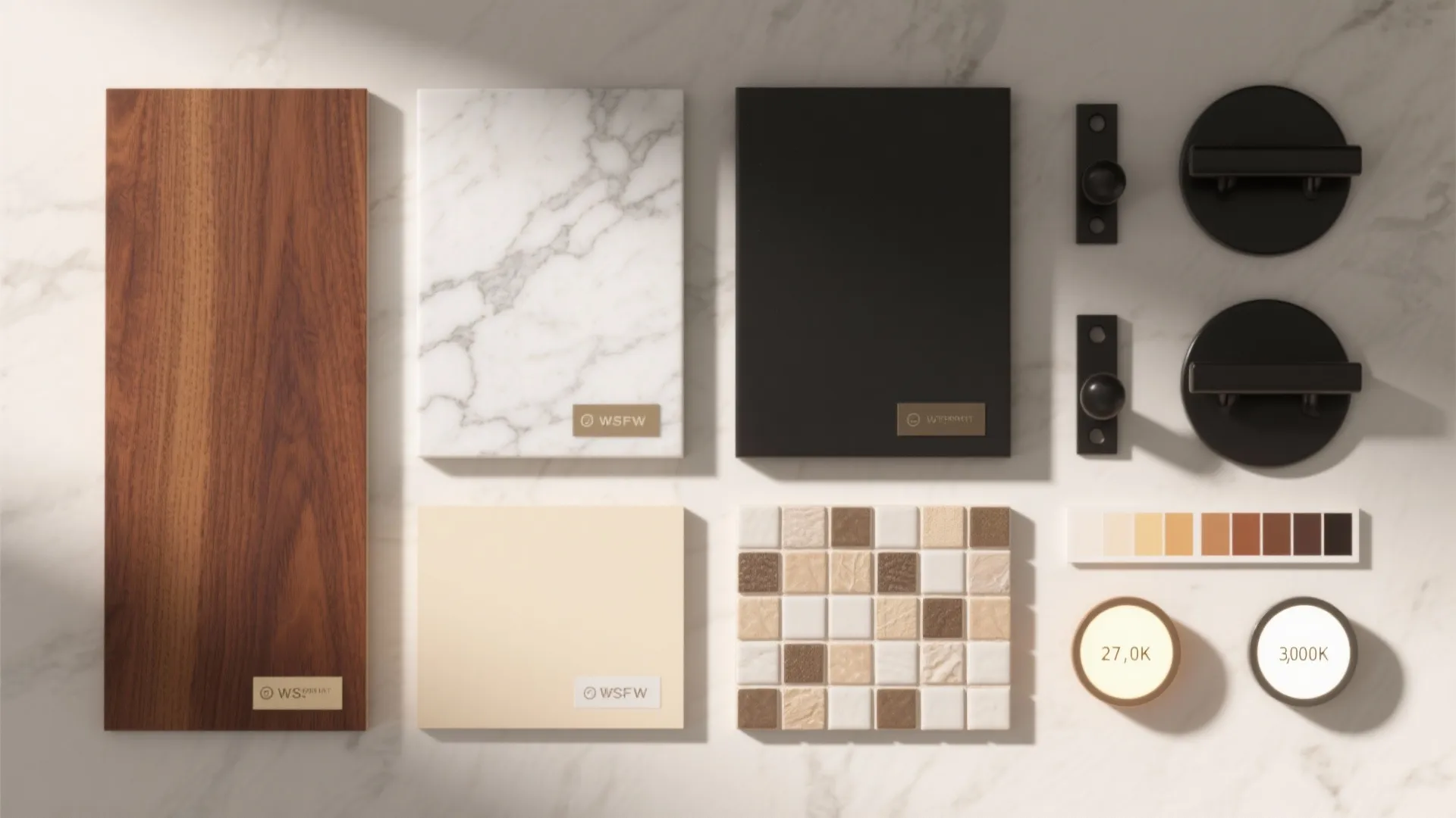 Interior design material board with wood marble black panel tiles and various color light swatches