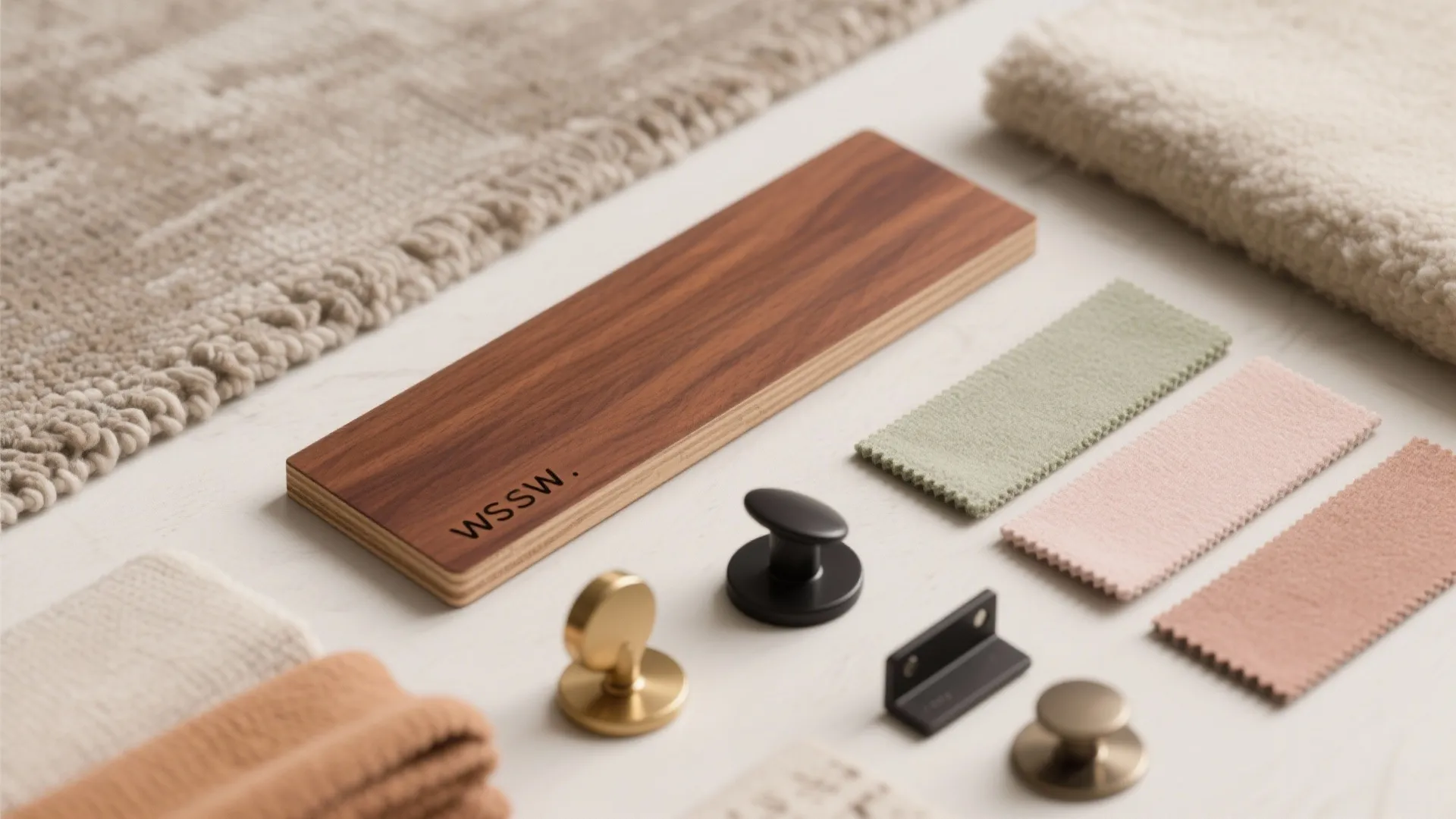 Interior design mood board with wood sample colorful fabric swatches metal cabinet knobs and rugs