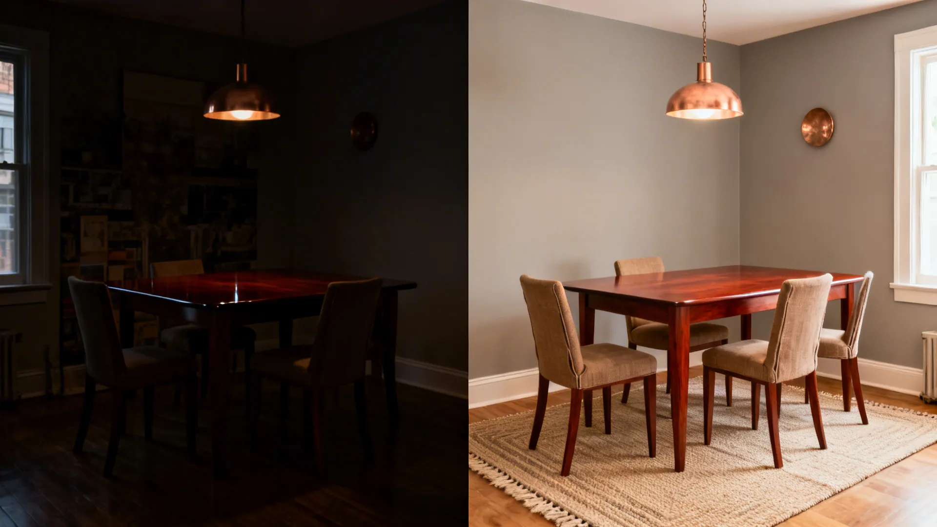 Before-and-after of a cherry dining set, adding pale rug, linen seats, and satin finish for balance.