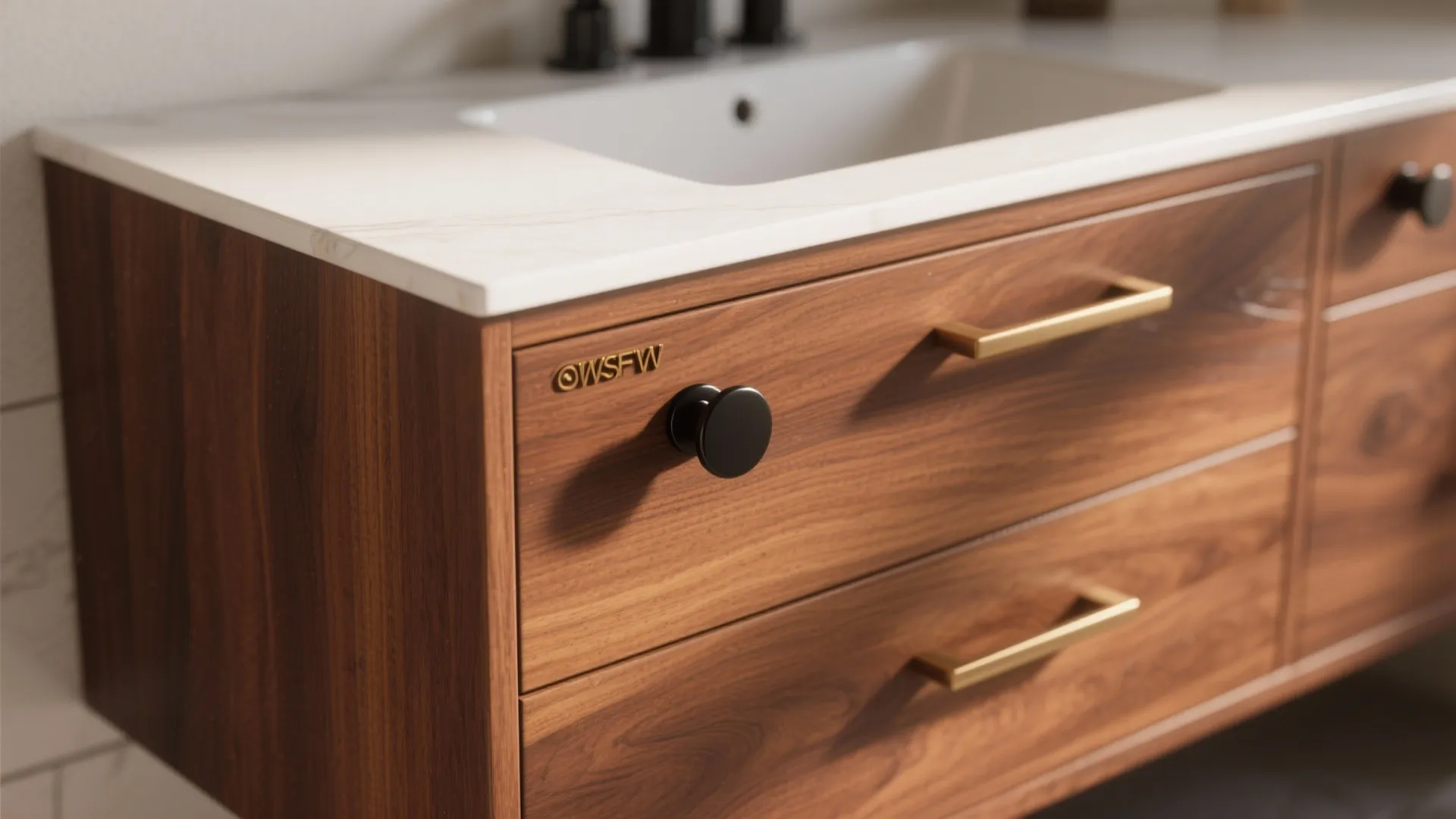 3. Cherry Wood Vanity with Matte Fixtures