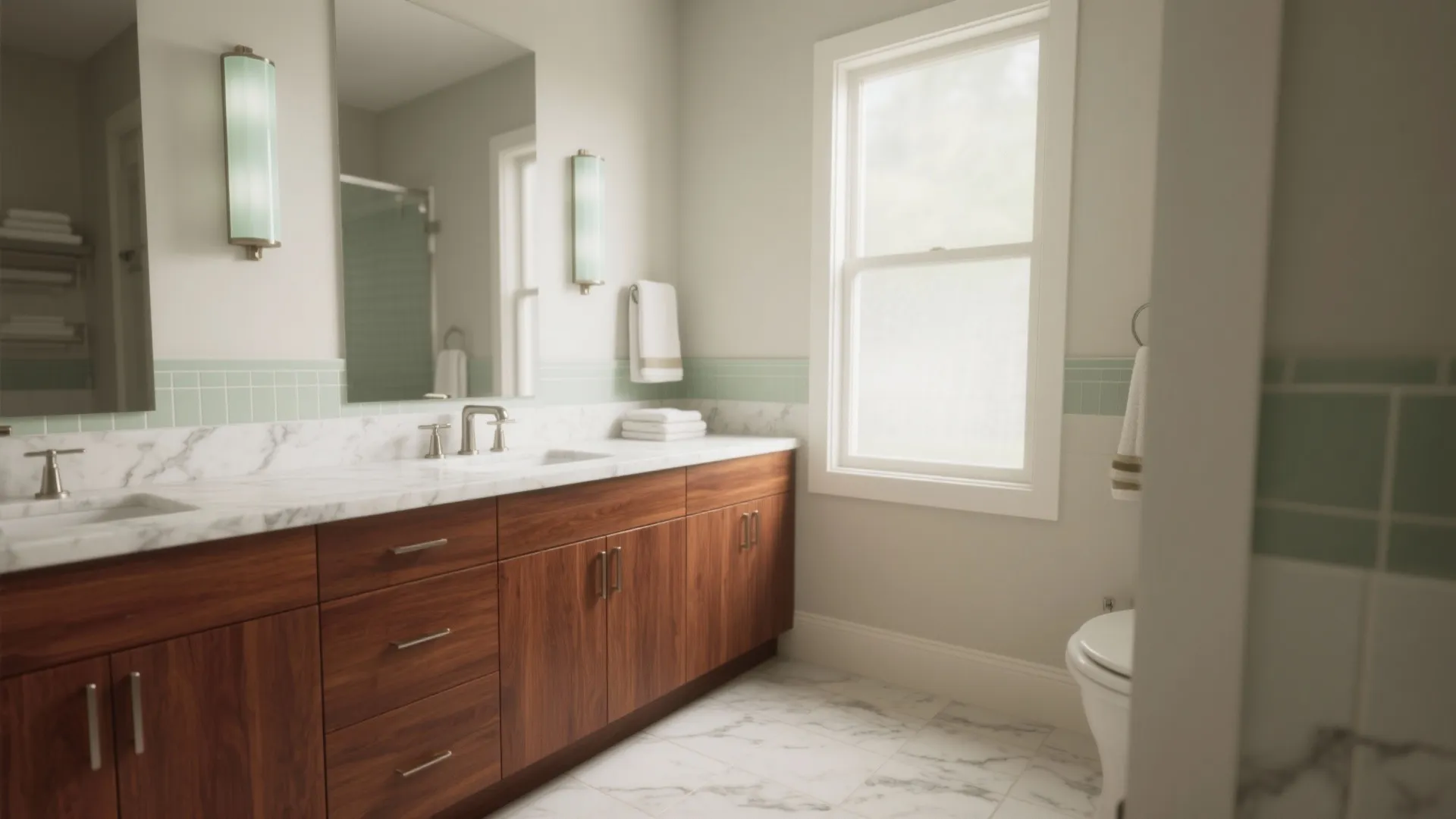 Modern bathroom with wooden cabinet marble countertop large mirror two wall lights green tiles window