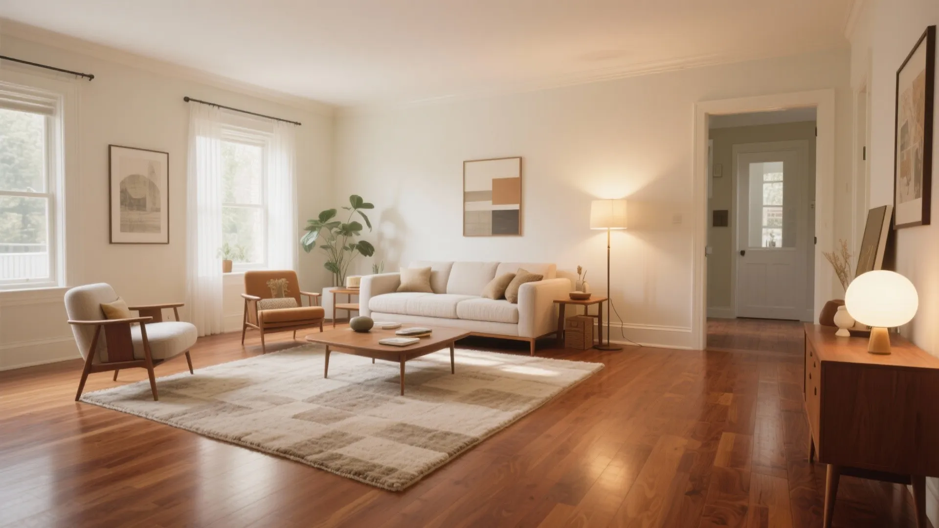 Spacious living room featuring white sofa wooden floor checkered rug floor lamp and wall art