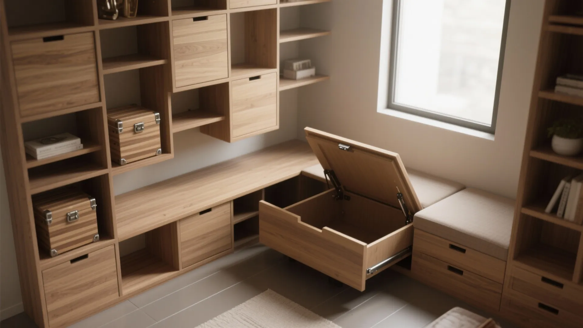 Custom wooden wall storage unit with open shelves and a bench featuring a hidden compartment