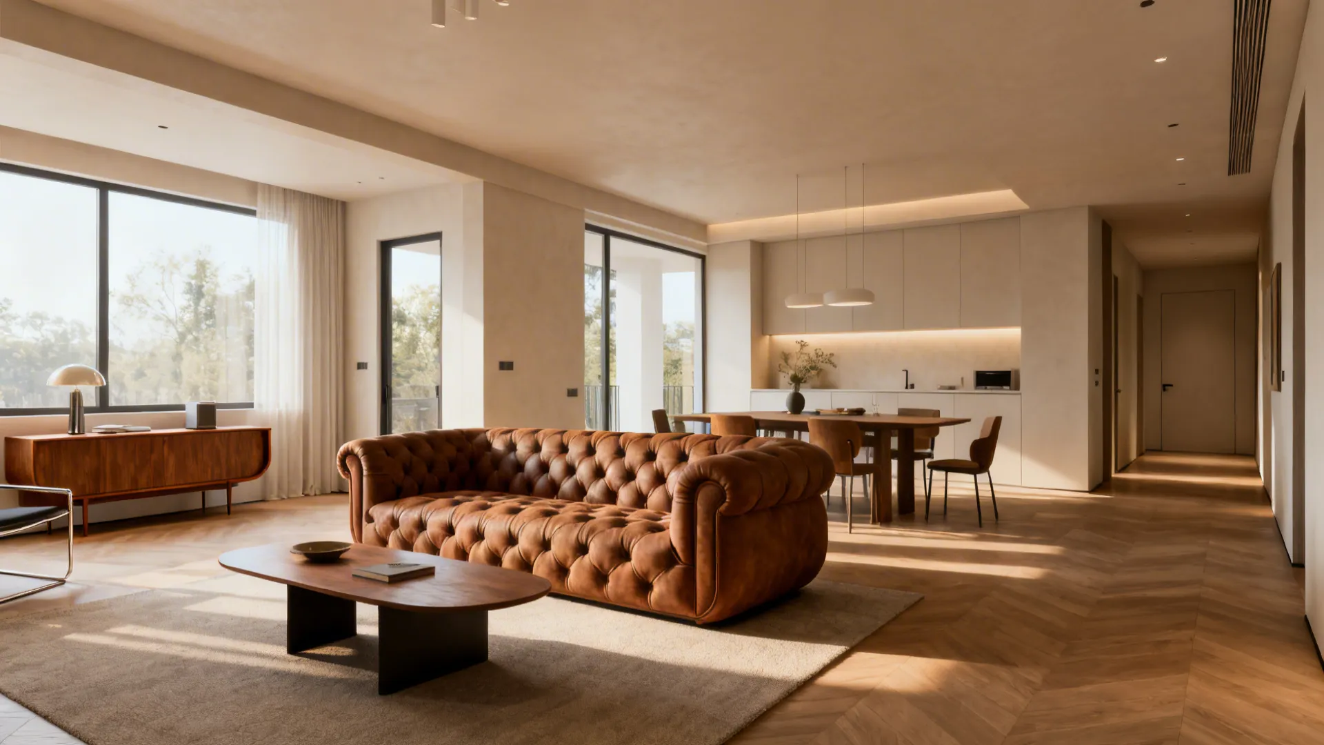 Chesterfield used mid-room to define living and dining zones in an open-plan flat