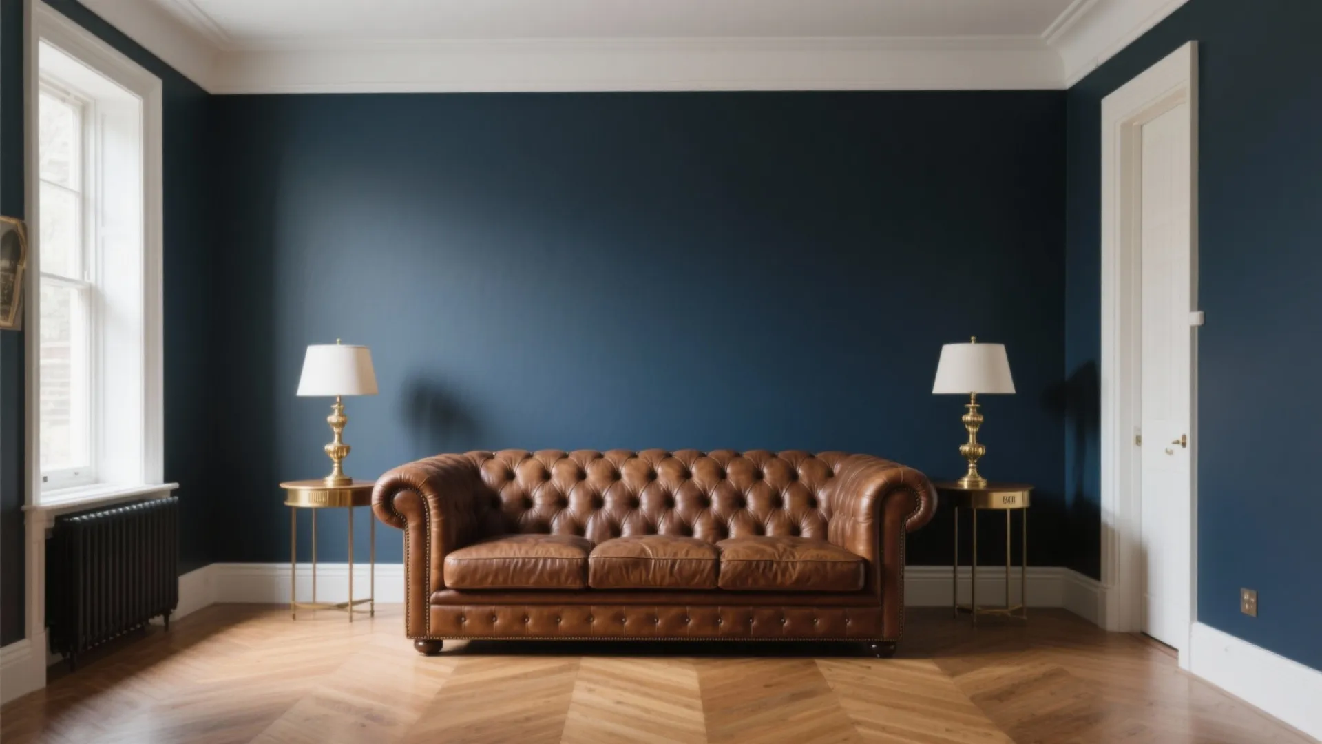 2. Brown Leather Chesterfield with Navy Walls