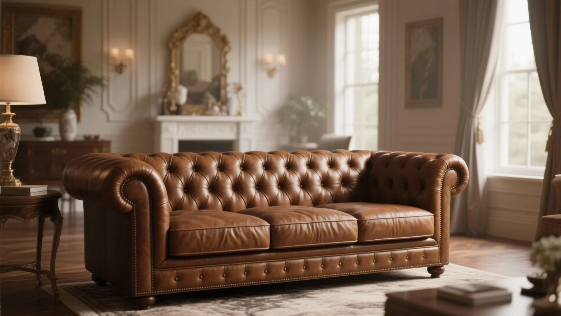 Brown leather Chesterfield tufted sofa in a classic living room